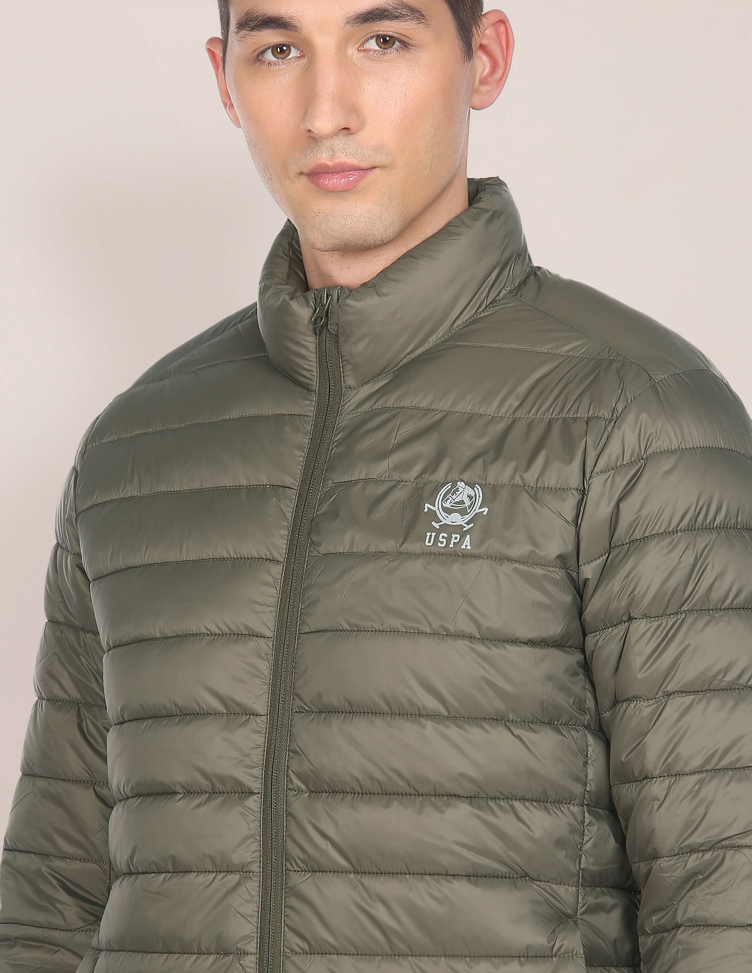 High Neck Nylon Solid Puffer Jacket Olive - U.S. POLO ASSN. | Large