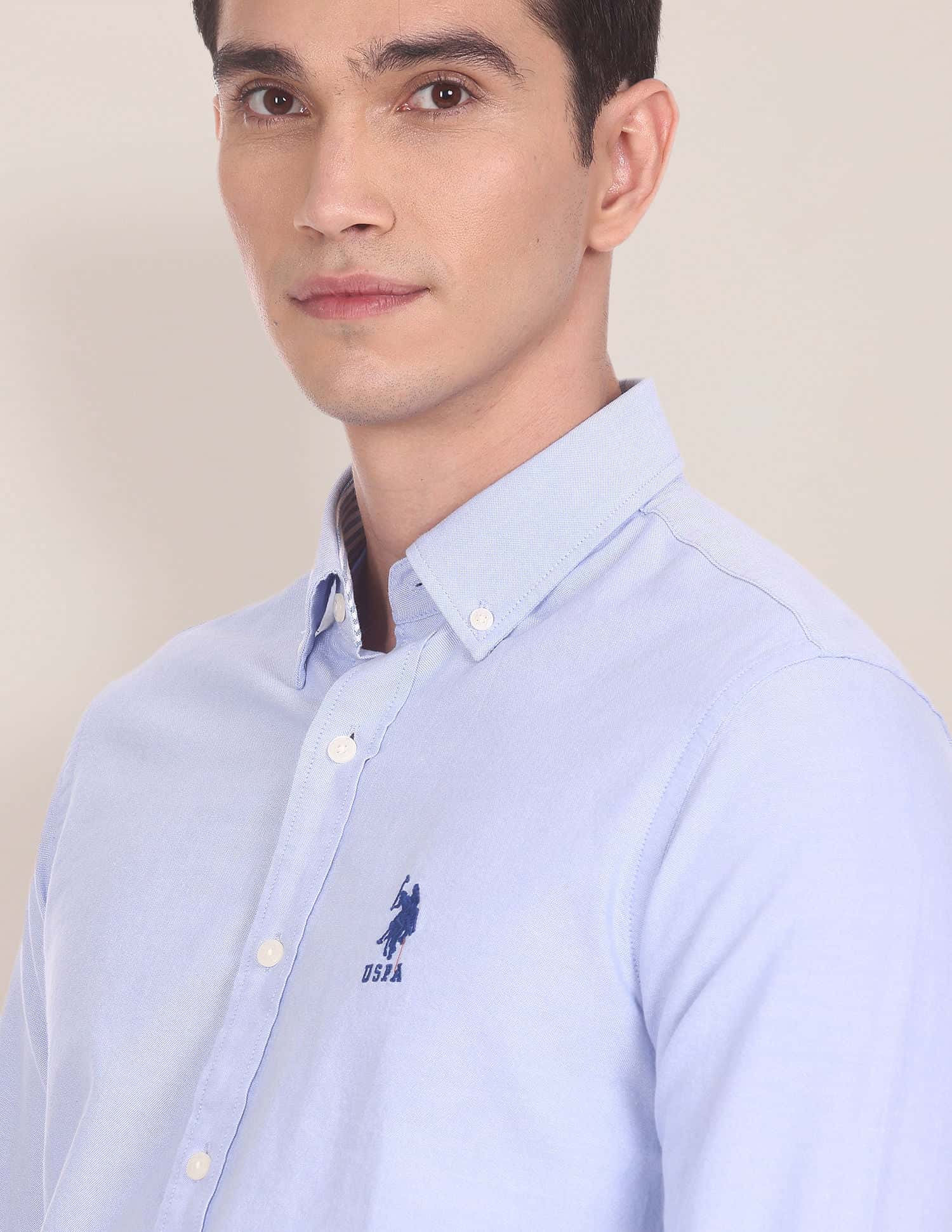 Men Blue Button Down Collar Cotton Solid Formal Shirt Blue - U.S. POLO ASSN. | Large