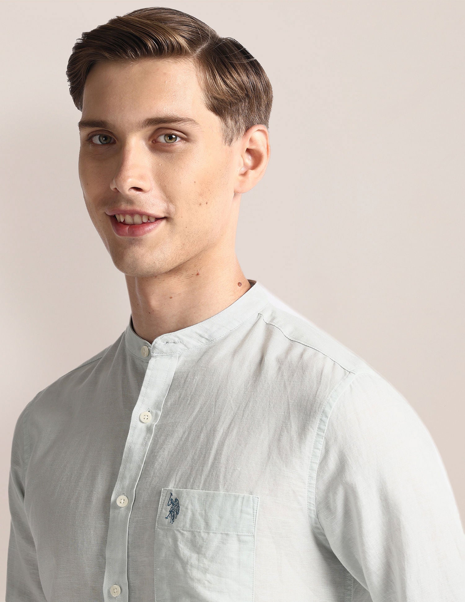 Mandarin Collar Linen Blend Shirt Light Aqua - U.S. Polo Assn. India | Large