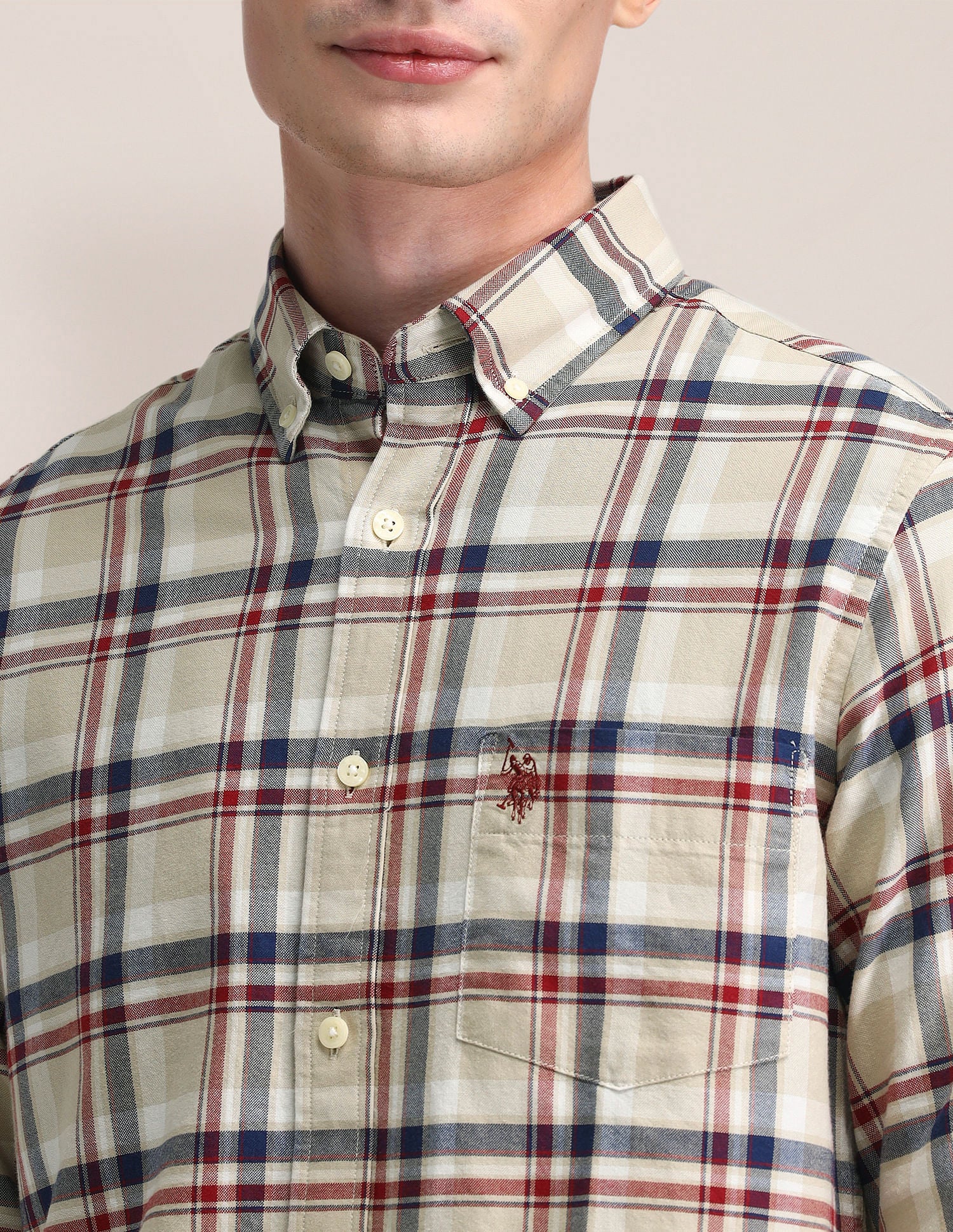 Tailored Fit Checked Shirt Beige - U.S. Polo Assn. India | Large