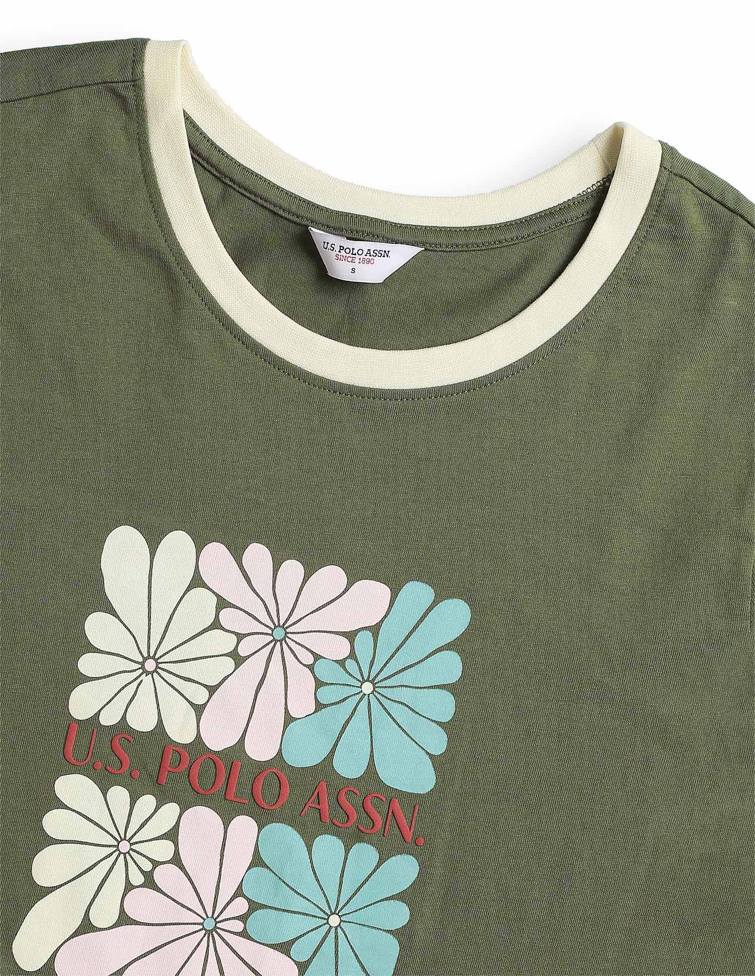 Floral Printed Regular Fit Ringer T-Shirt Olive - U.S. Polo Assn. India | Large