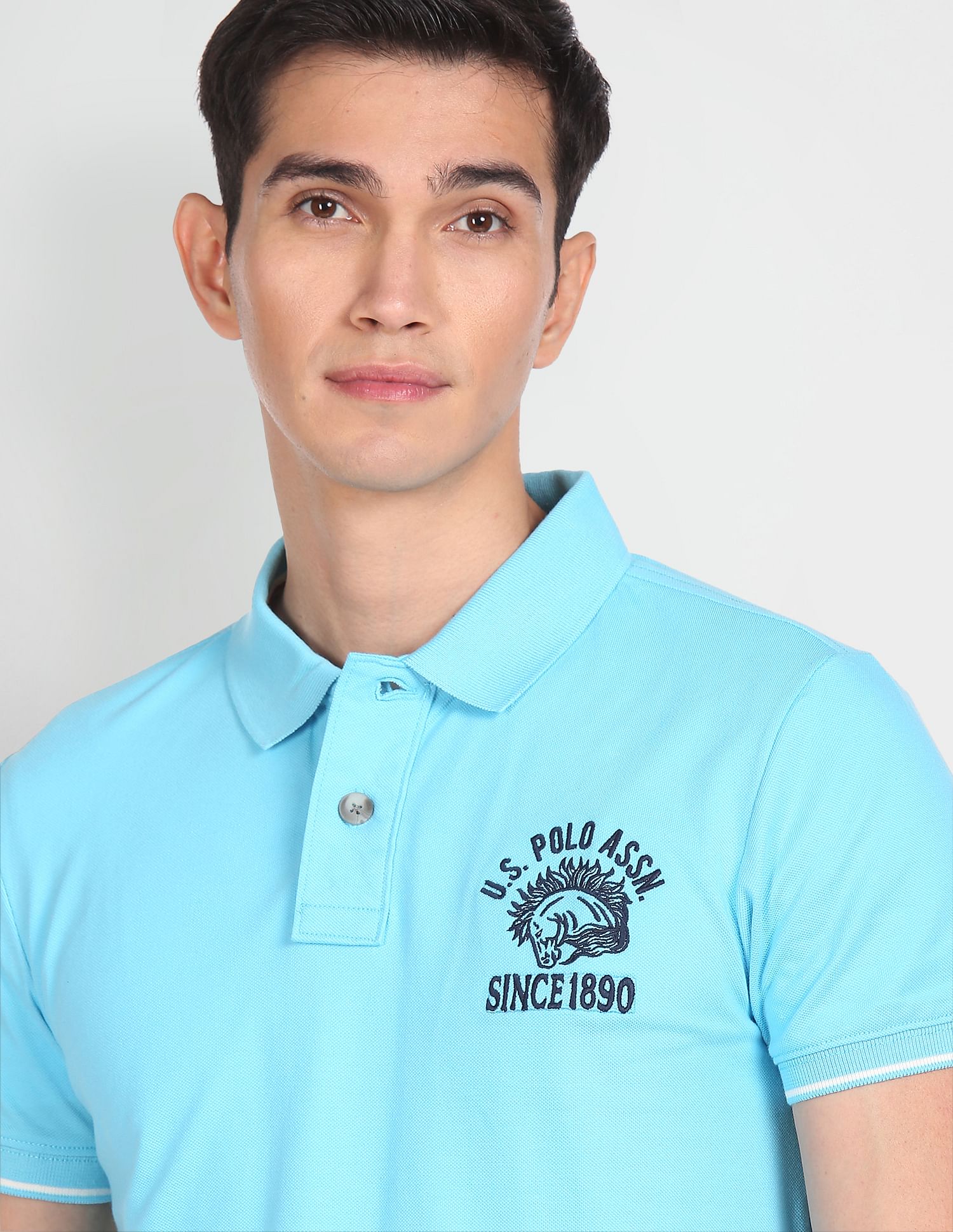 Men Ribbed Collar Logo Polo Shirt Blue - U.S. POLO ASSN. | Large