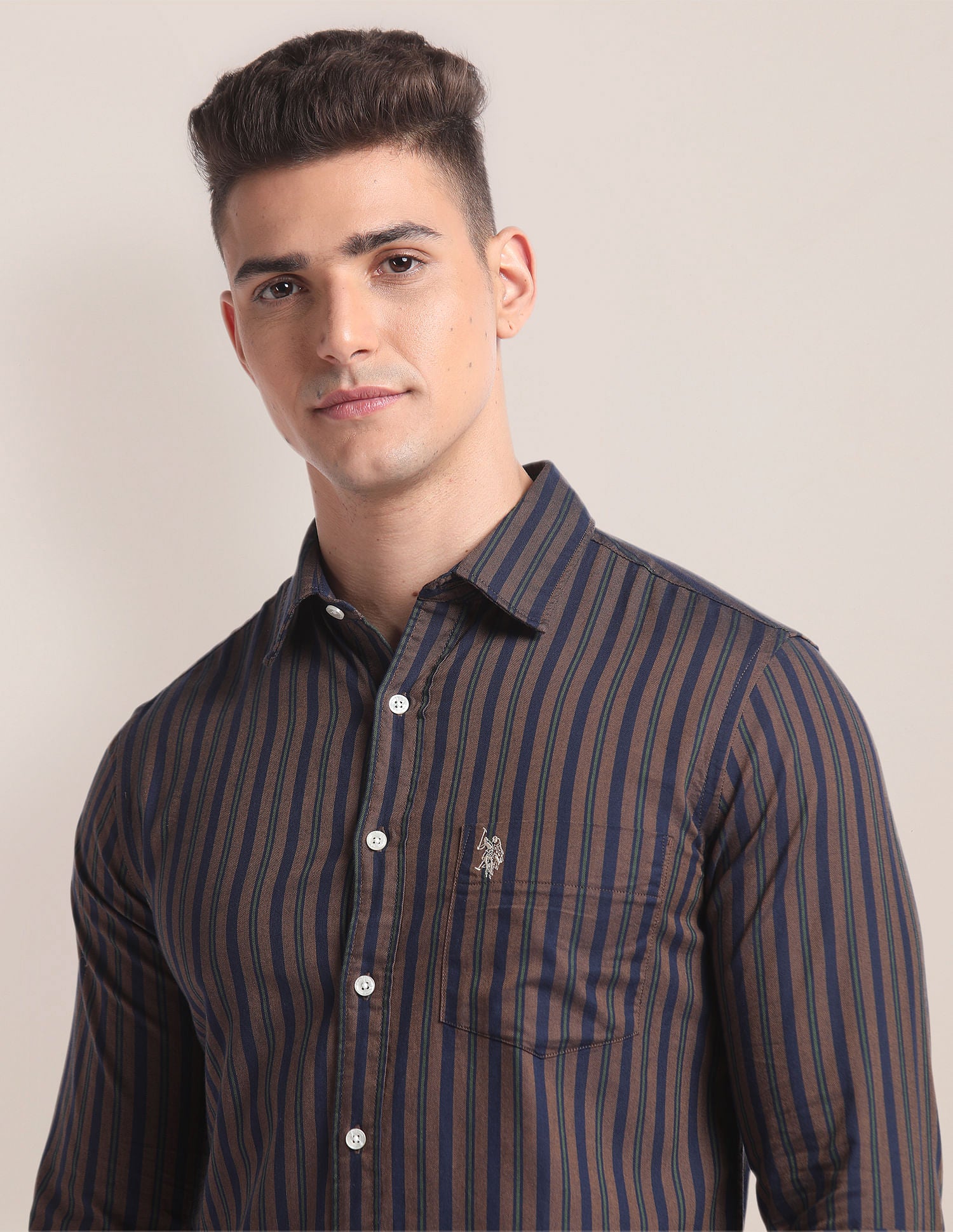 Vertical Stripe Dobby Shirt Brown and Navy - U.S. Polo Assn. India | Large