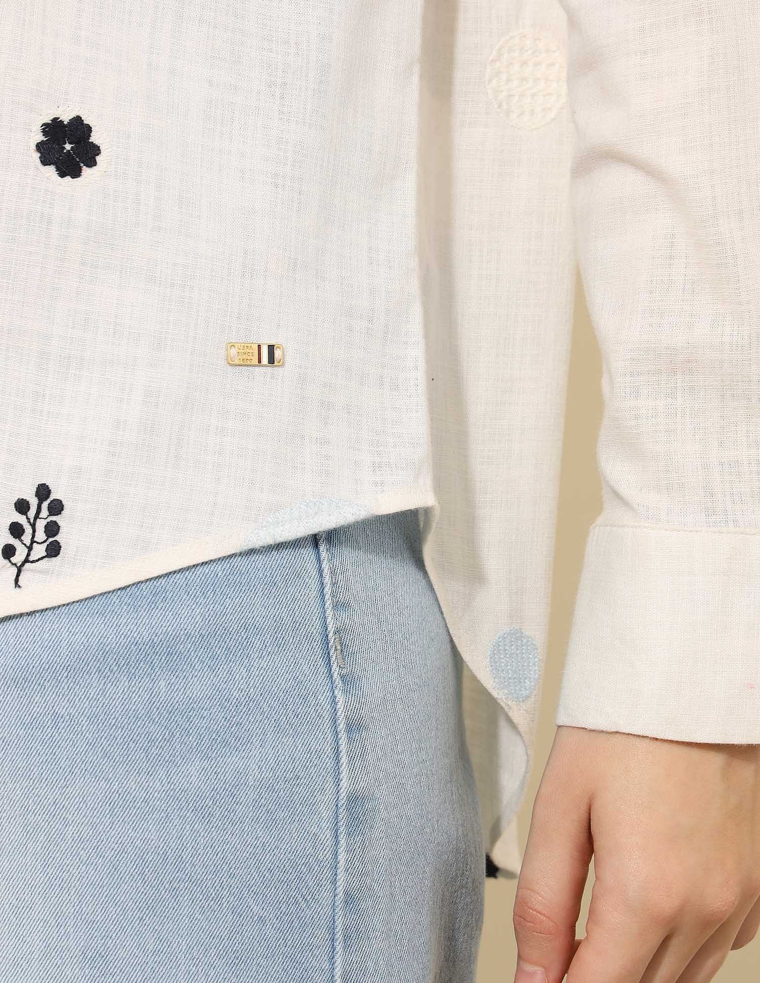 Oversized Floral Embroidered Shirt Off White - U.S. Polo Assn. India | Large
