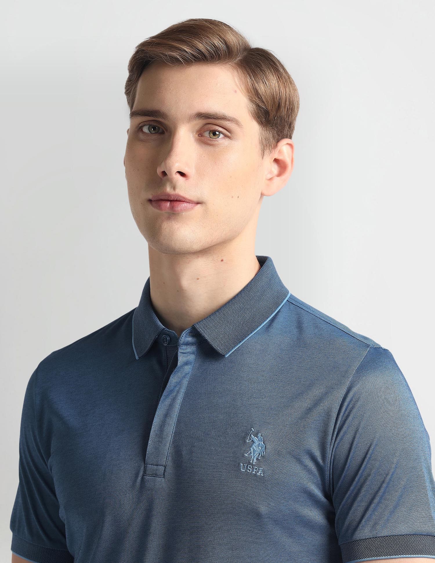 Ribbed Collar Solid Polo Shirt Blue - U.S. Polo Assn. India | Large