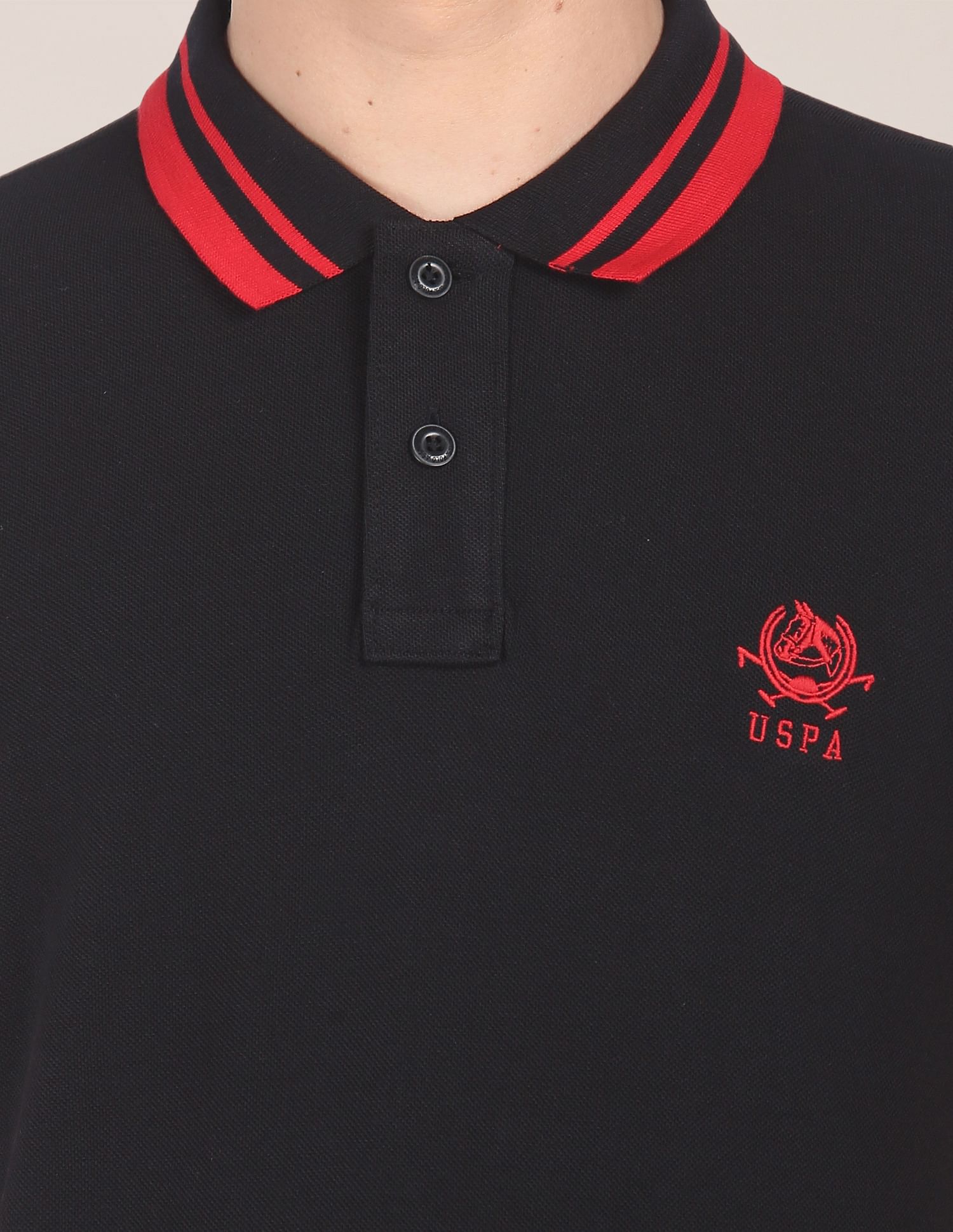 Men Black Cotton Solid Polo Shirt Black - U.S. POLO ASSN. | Large