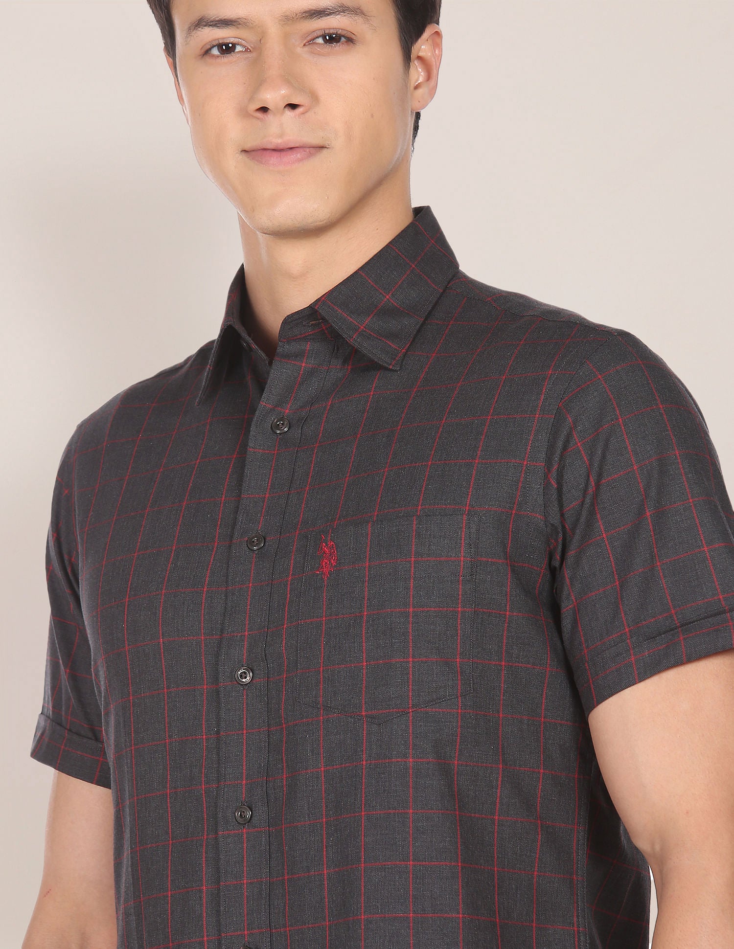 Short Sleeve Windowpane Check Casual Shirt Charcoal - U.S. Polo Assn. India | Large