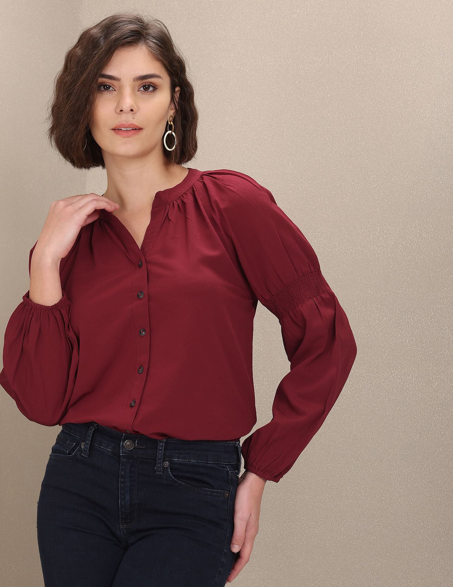 Mandarin Collar Peasant Sleeve Evening Top Rust - U.S. POLO ASSN. | Large