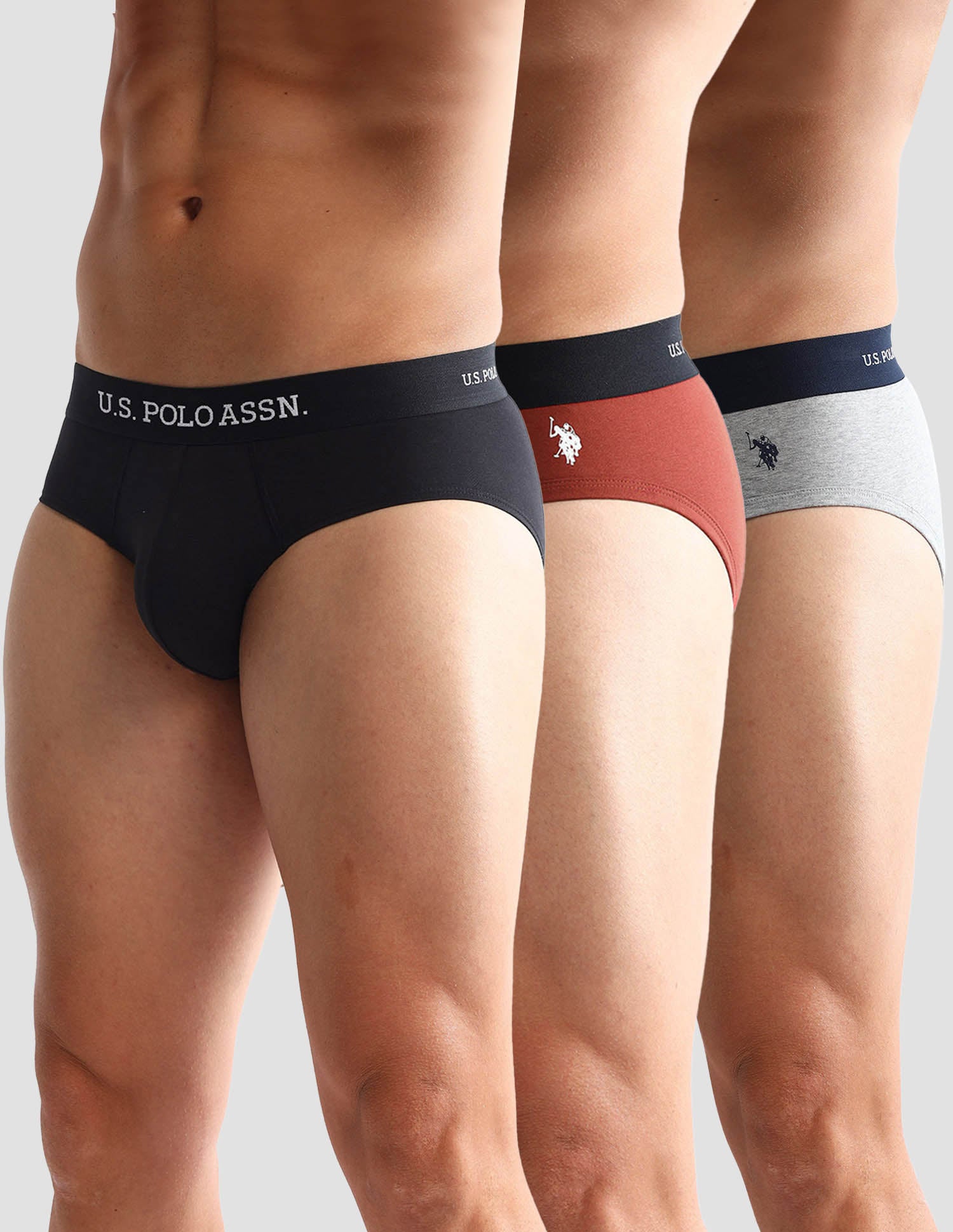 Anti Microbial Solid OEB13 Briefs - Pack Of 3 Black, Rust and Grey Melange - U.S. POLO ASSN. | Large