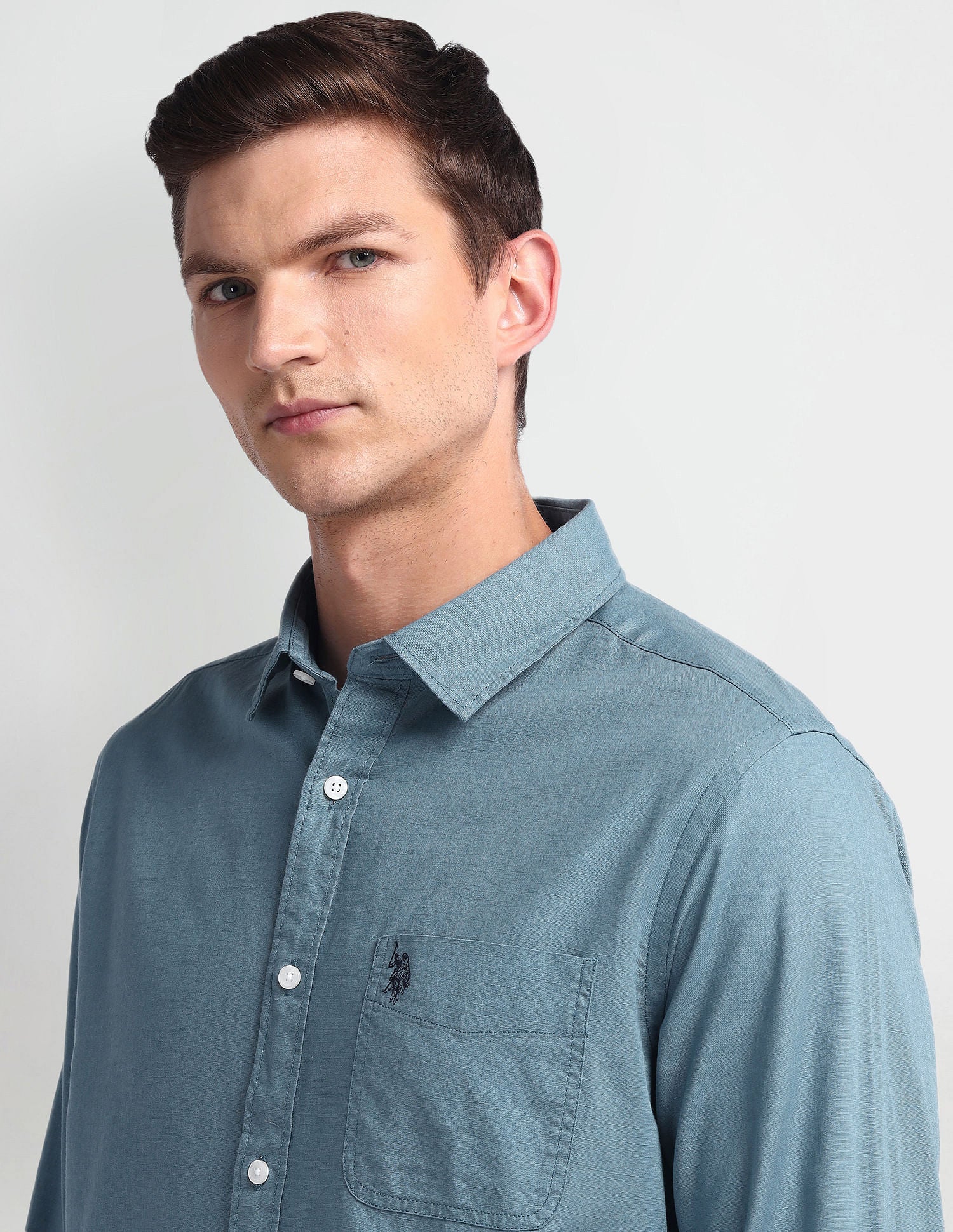 Semi Cutaway Collar Slim Fit Shirt Teal - U.S. Polo Assn. India | Large