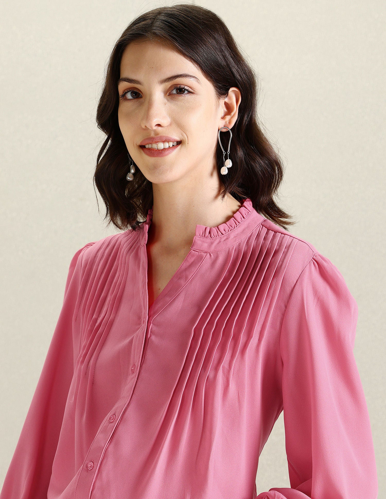 Front Pleat Mandarin Collar Top Pink - U.S. POLO ASSN. | Large