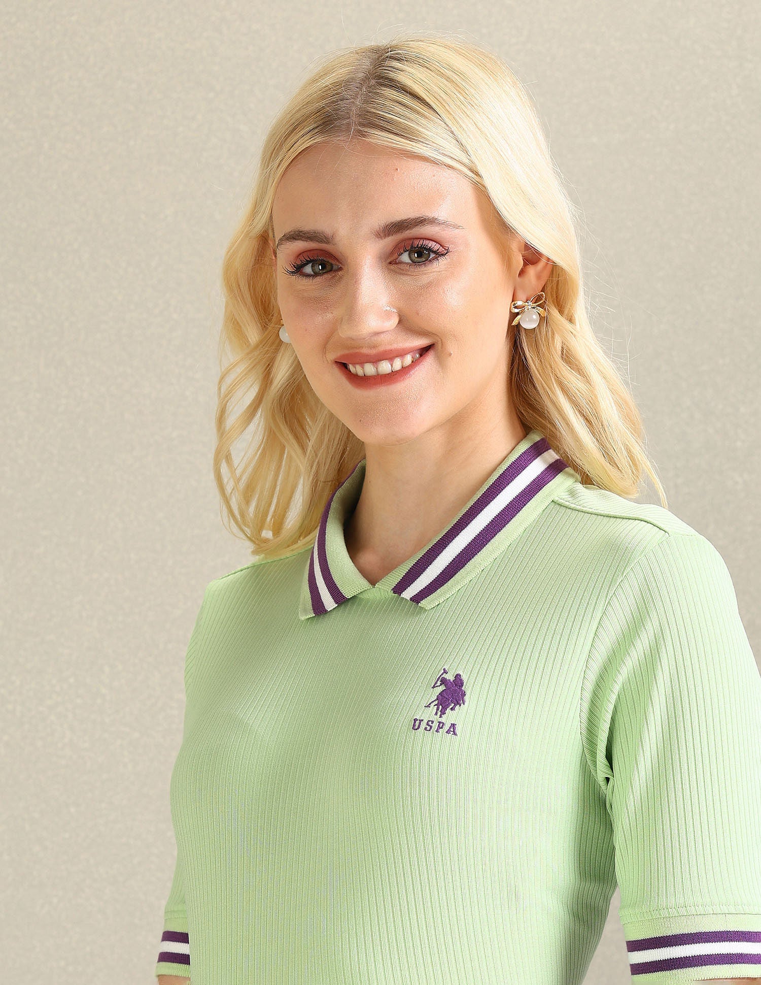 Striped Collar Solid Polo Shirt Light Green - U.S. POLO ASSN. | Large