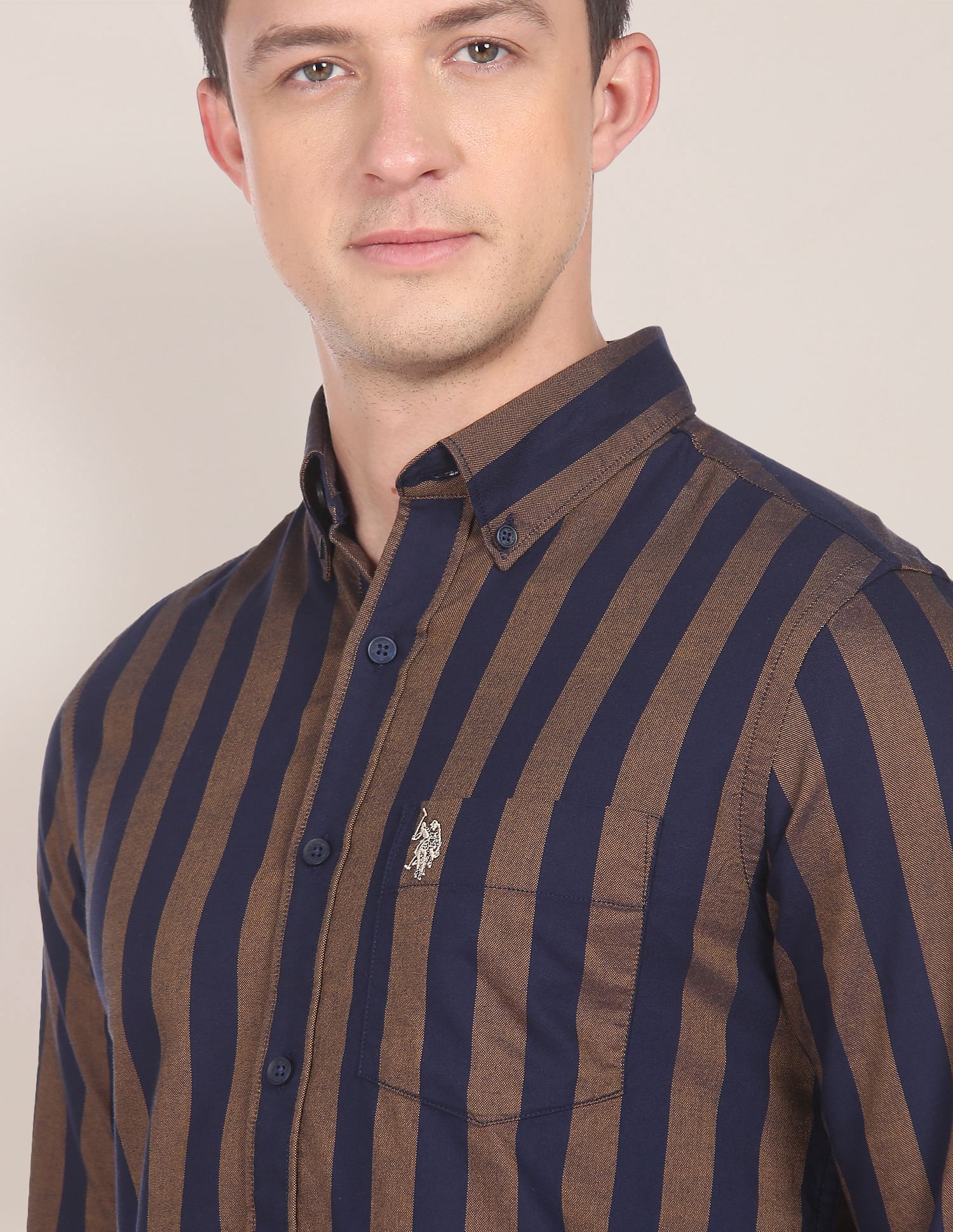 Vertical Stripe Oxford Casual Shirt Brown and Navy - U.S. Polo Assn. India | Large