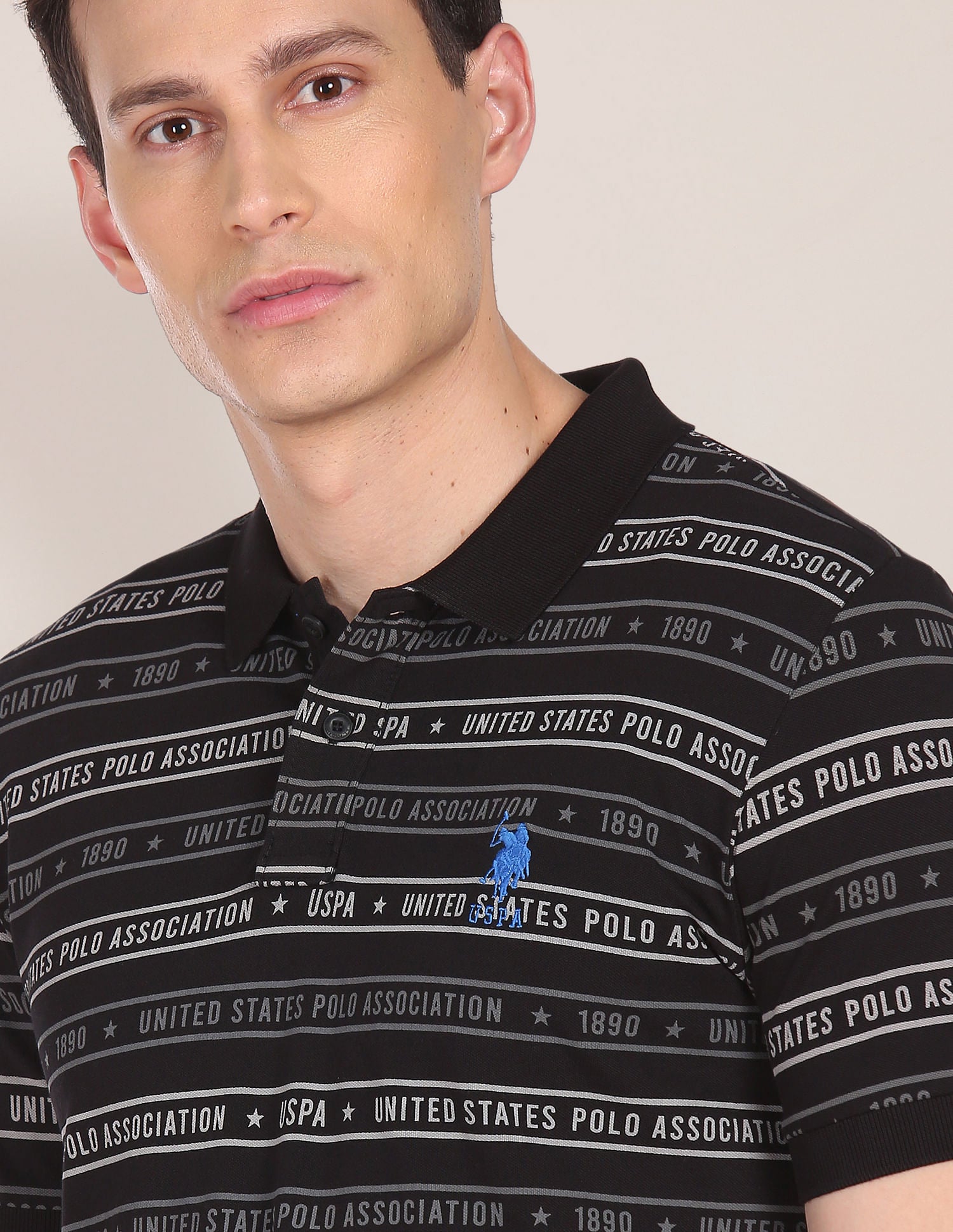 Ribbed Collar All Over Print Polo Shirt Black - U.S. Polo Assn. India | Large