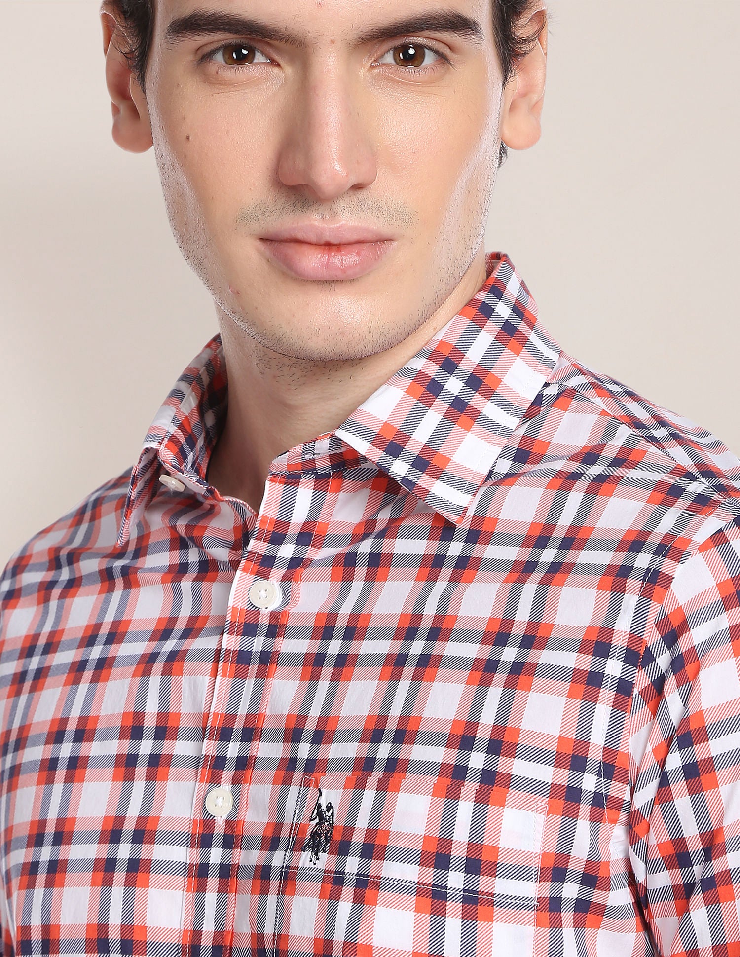 Pure Cotton Tartan Check Shirt Orange and Navy - U.S. POLO ASSN. | Large