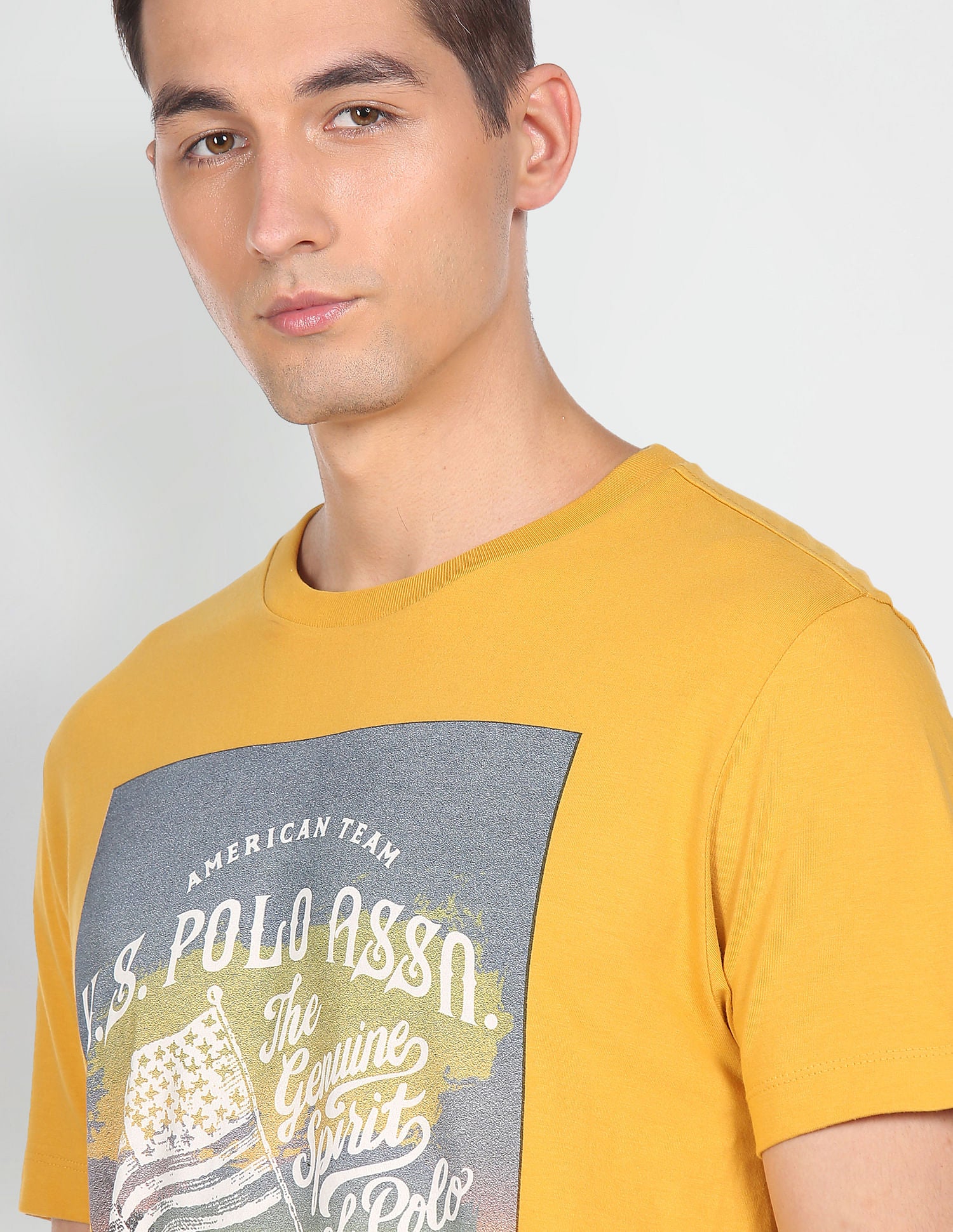 Men Mustard Crew Neck Brand Print T-Shirt Mustard - U.S. Polo Assn. India | Large