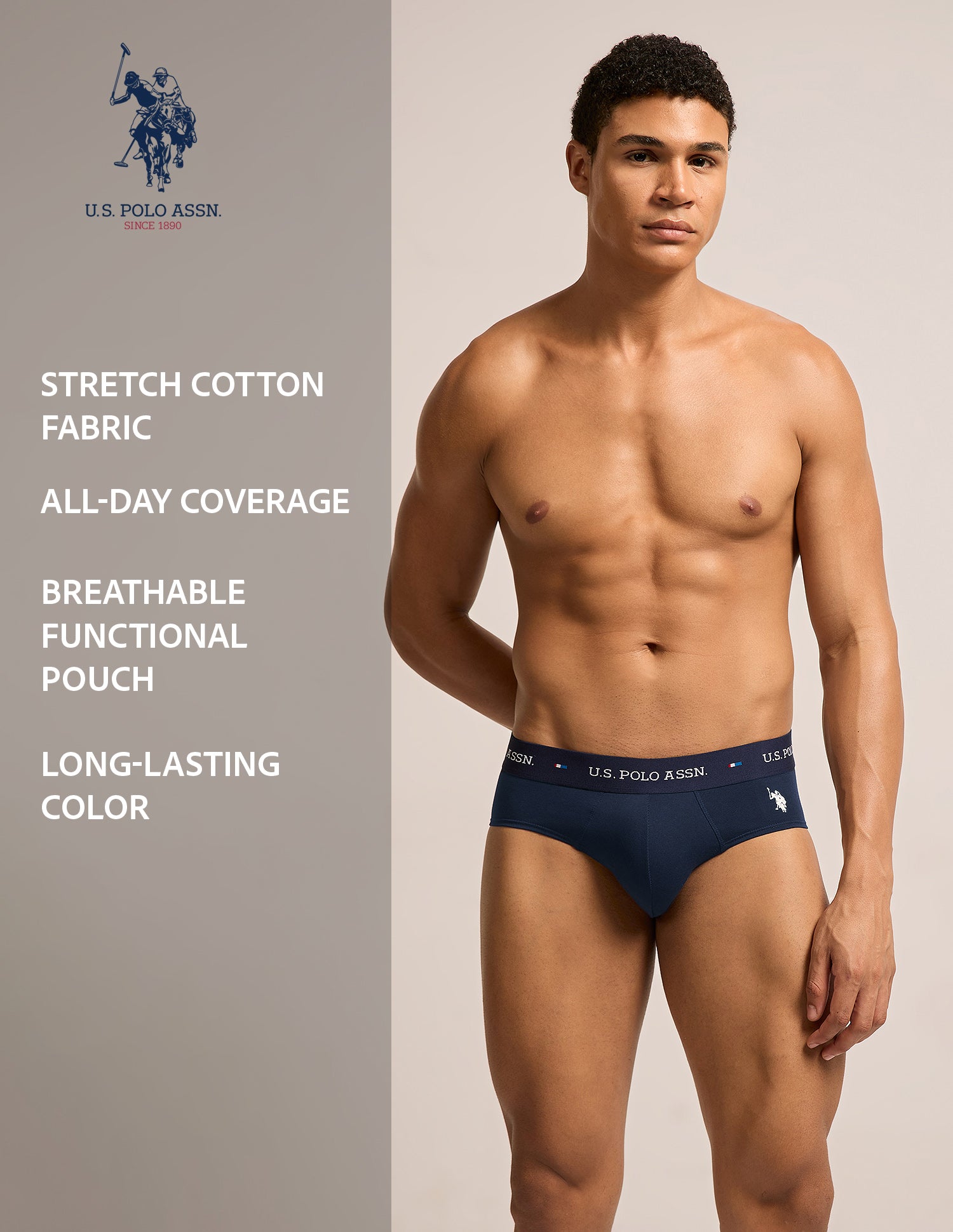 Breathable Cotton Stretch OEB25 Briefs - Pack of 3 Navy, Red, Moonlight Blue - U.S. Polo Assn. India | Large