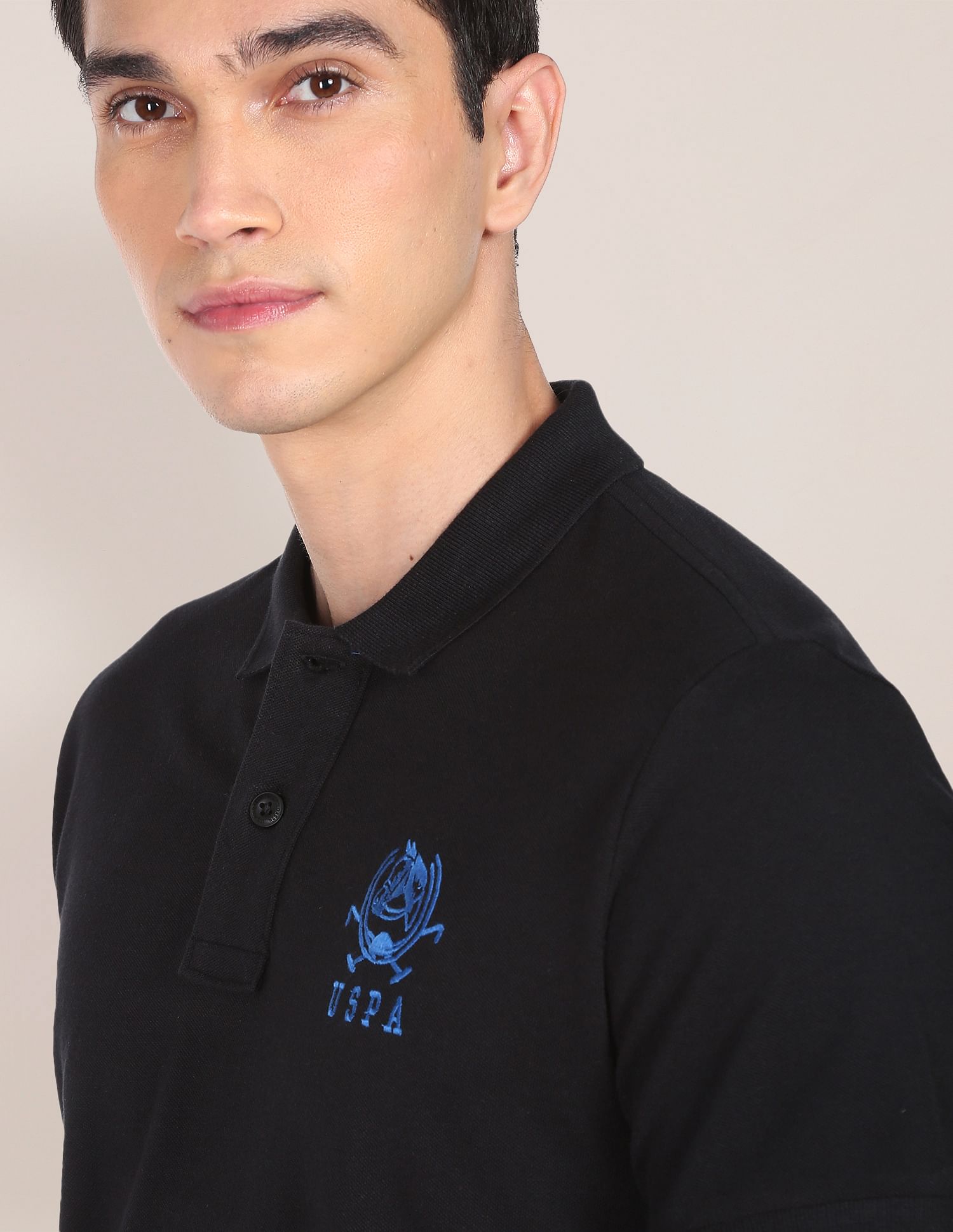 Solid Pique Knit Cotton Polo Shirt Black - U.S. Polo Assn. India | Large