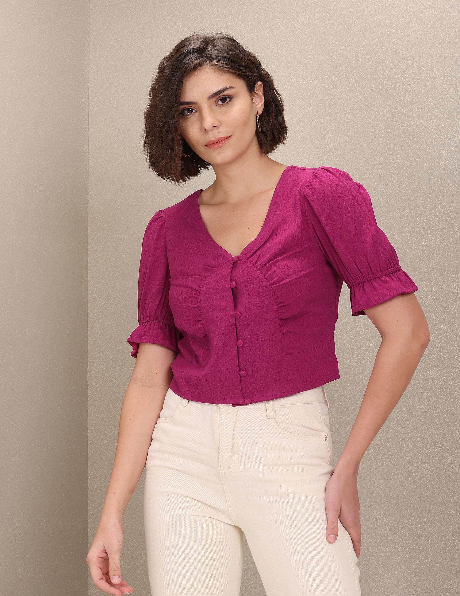V-Neck Puff Sleeve Crop Top Fuchsia - U.S. Polo Assn. India | Large
