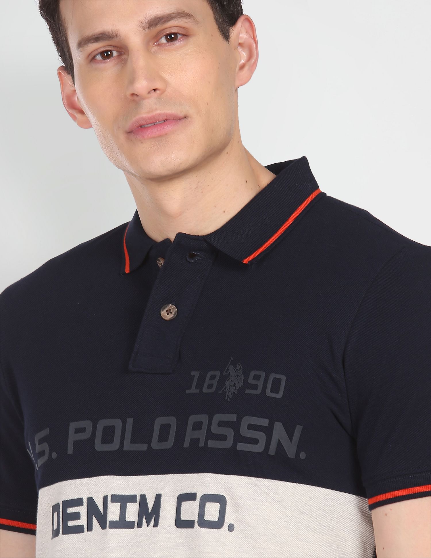Brand Print Cotton Polo Shirt Navy and Off-White - U.S. Polo Assn. India | Large