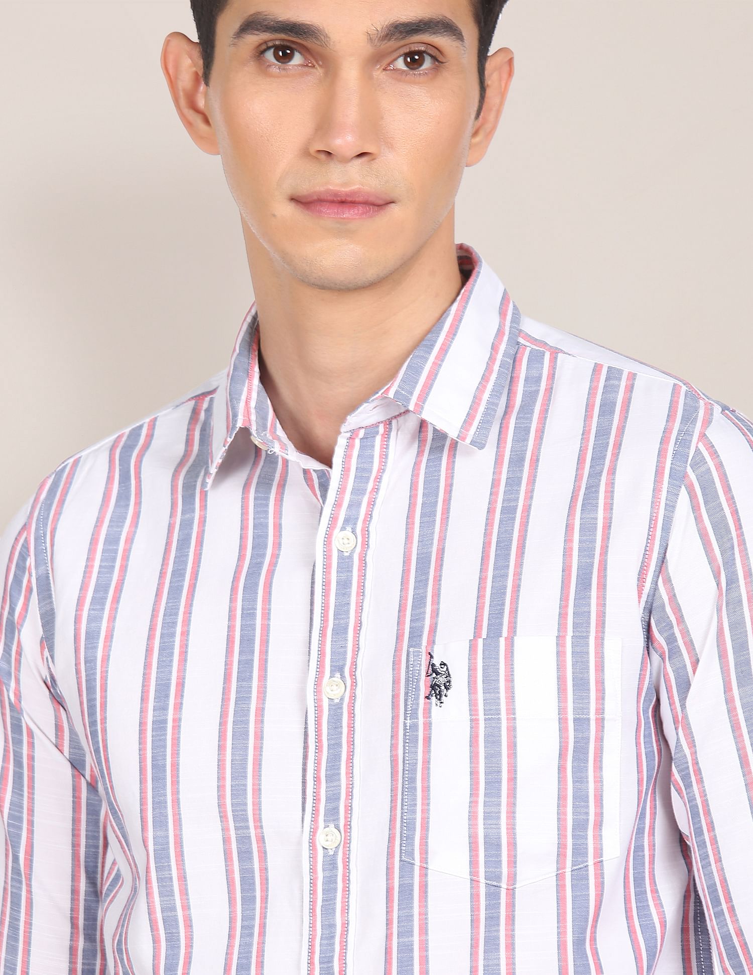 Men White Regular Fit Striped Casual Shirt White - U.S. Polo Assn. India | Large