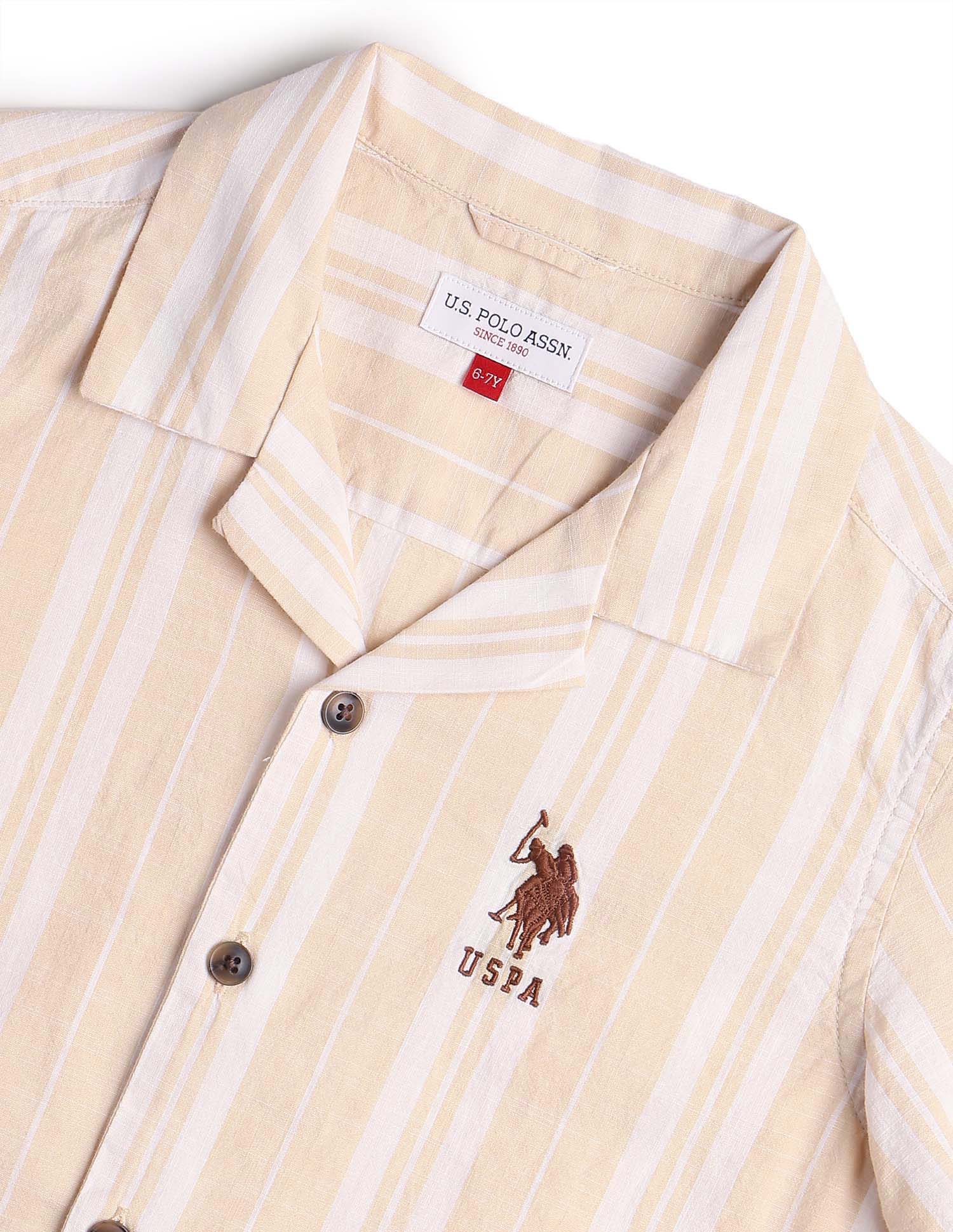 Boys Vertical Striped Cuban Shirt Beige - U.S. POLO ASSN. | Large