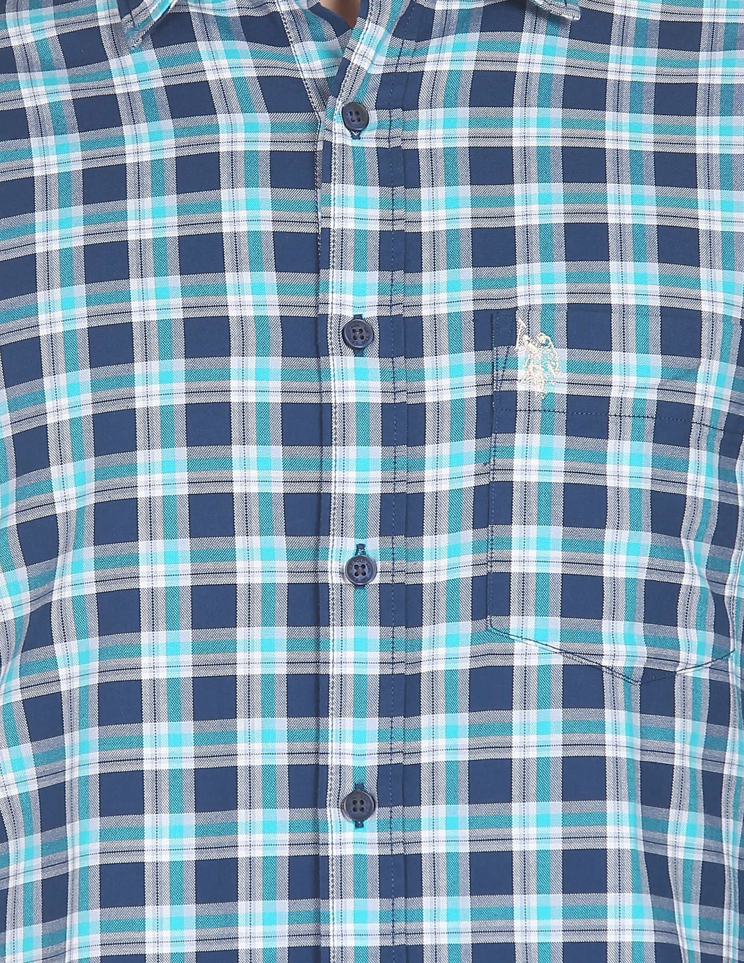 Men Navy And Aqua Spread Collar Check Casual Shirt Navy and Aqua - U.S. Polo Assn. India | Large