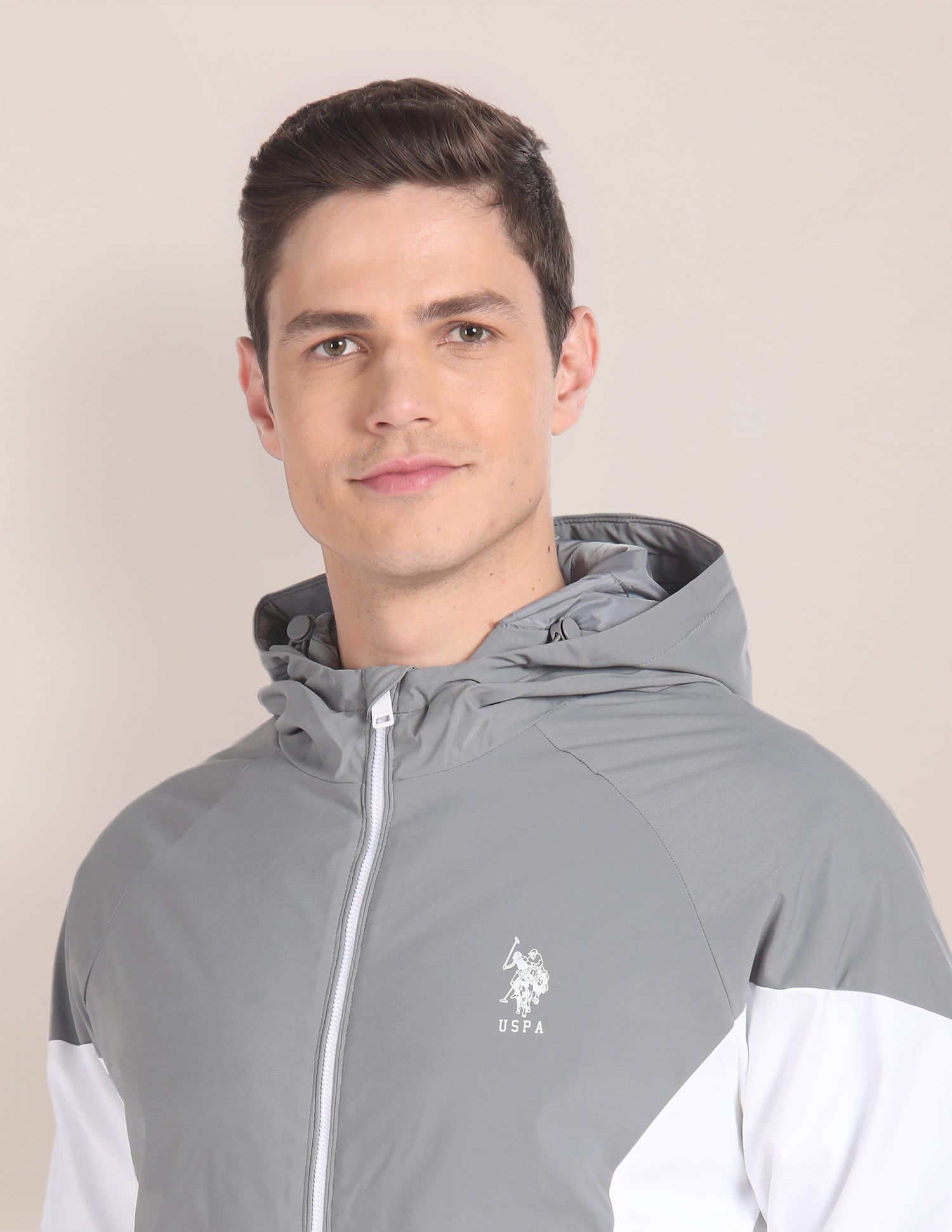 Colour Block Logo Hooded Jacket Grey and White - U.S. Polo Assn. India | Large