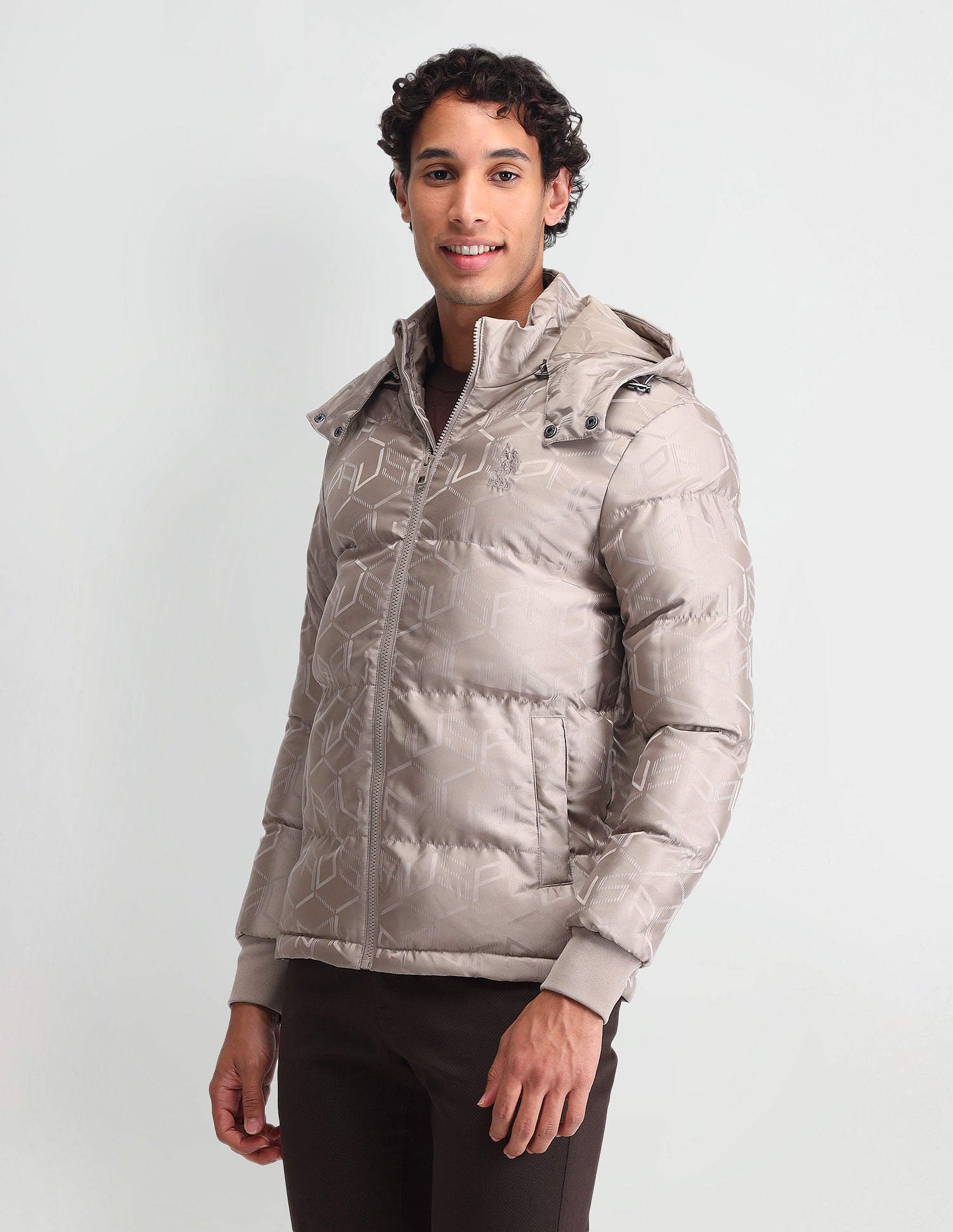 Detachable Hood Padded Jacket Beige Jacquard - U.S. Polo Assn. India | Large