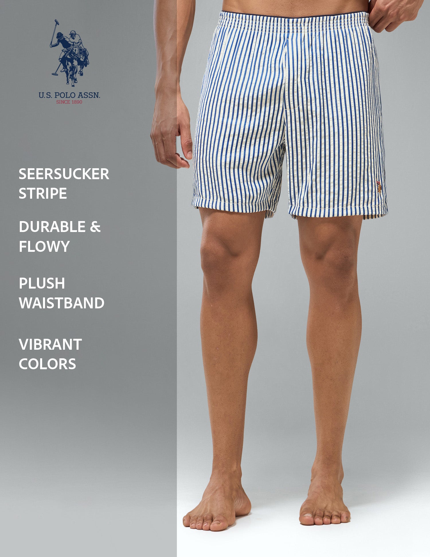 Seersucker Striped OEX22 Boxer Shorts Blue - U.S. Polo Assn. India | Large