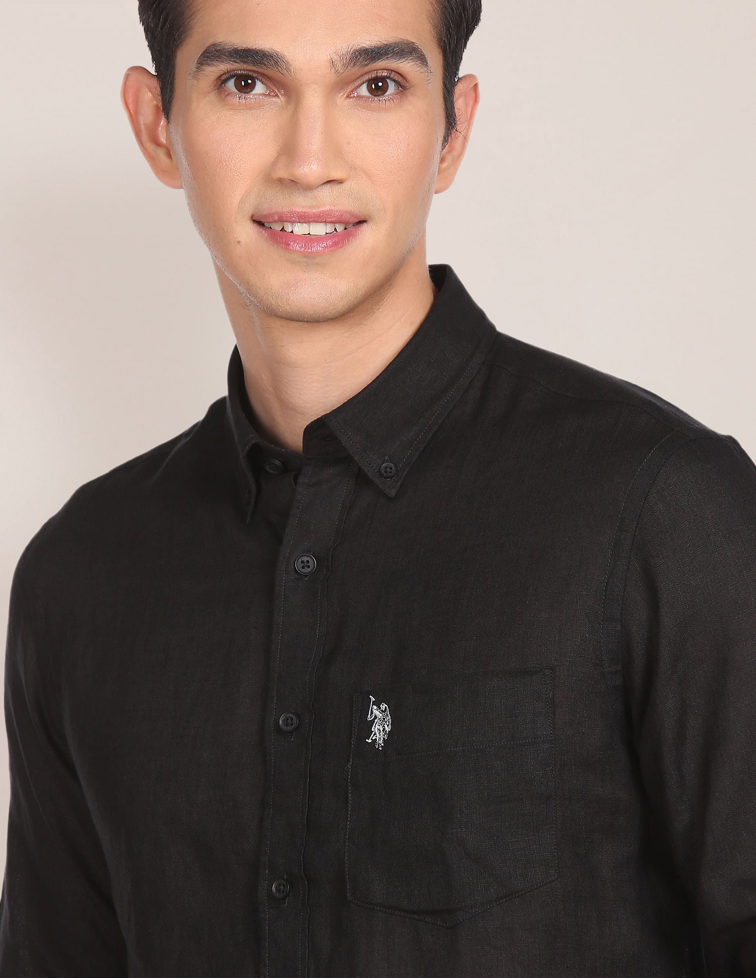 Men Black Linen Solid Casual Shirt Black - U.S. POLO ASSN. | Large