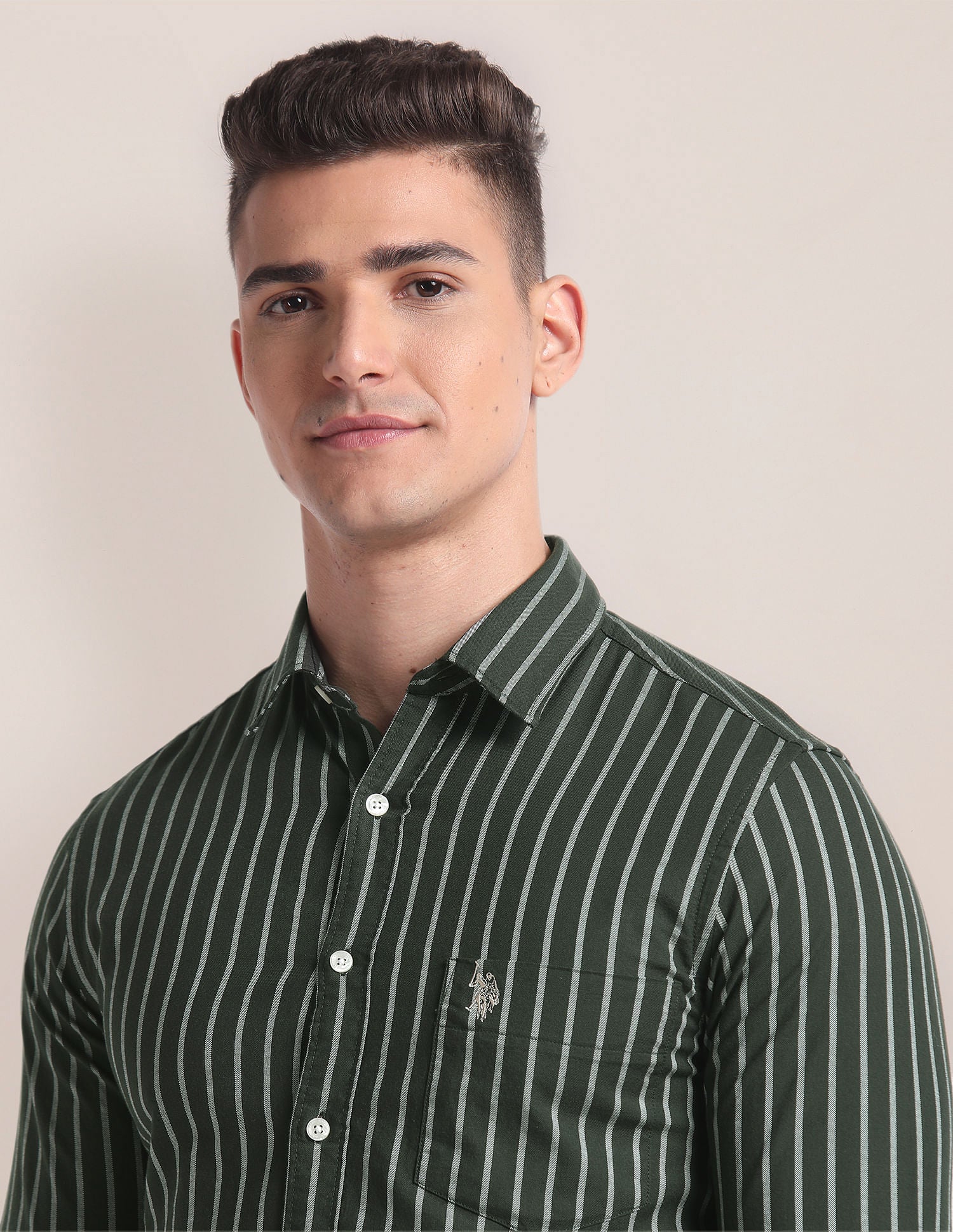 Premium Cotton Vertical Stripe Shirt Dark Olive - U.S. Polo Assn. India | Large