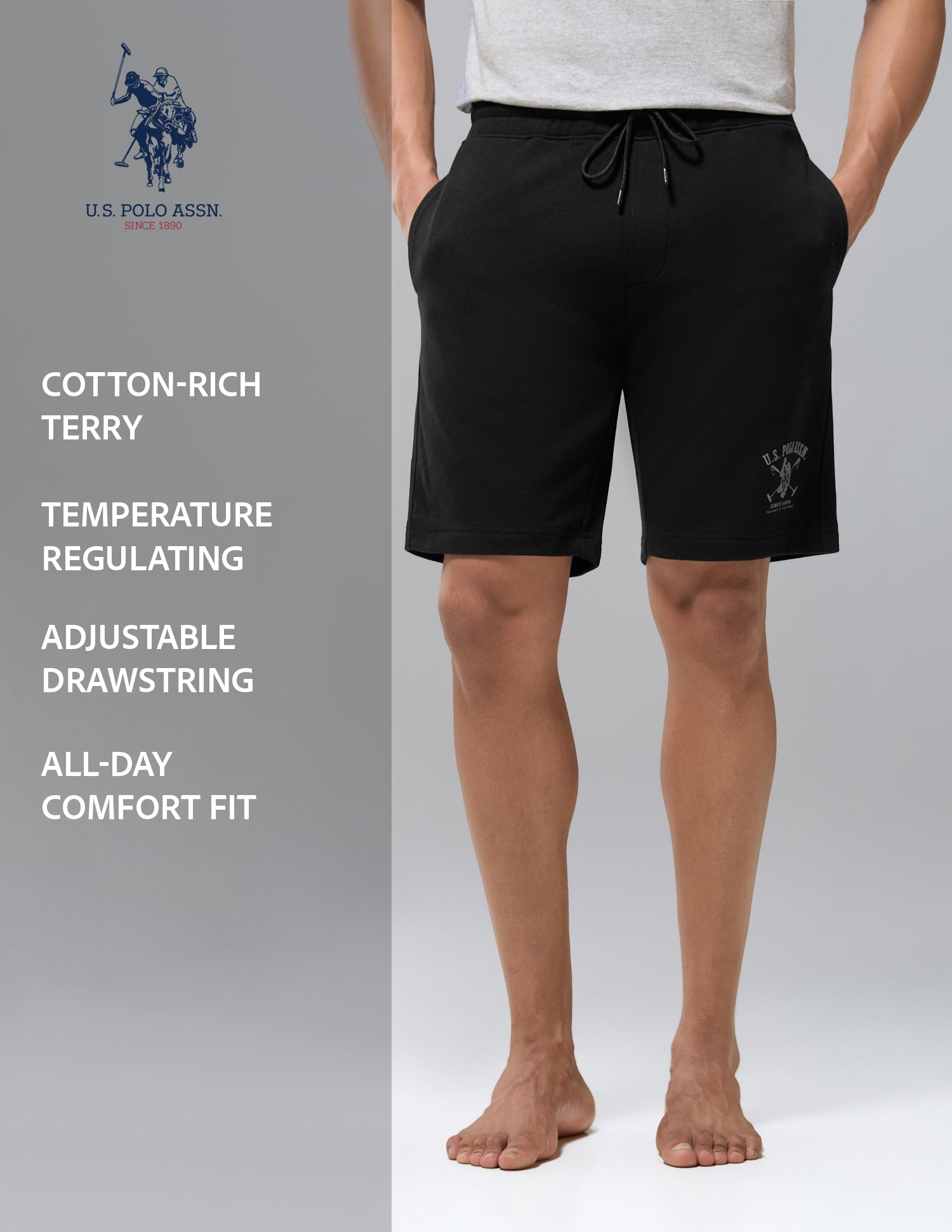 Cotton Rich OES13 Terry Lounge Shorts Black - U.S. Polo Assn. India | Large