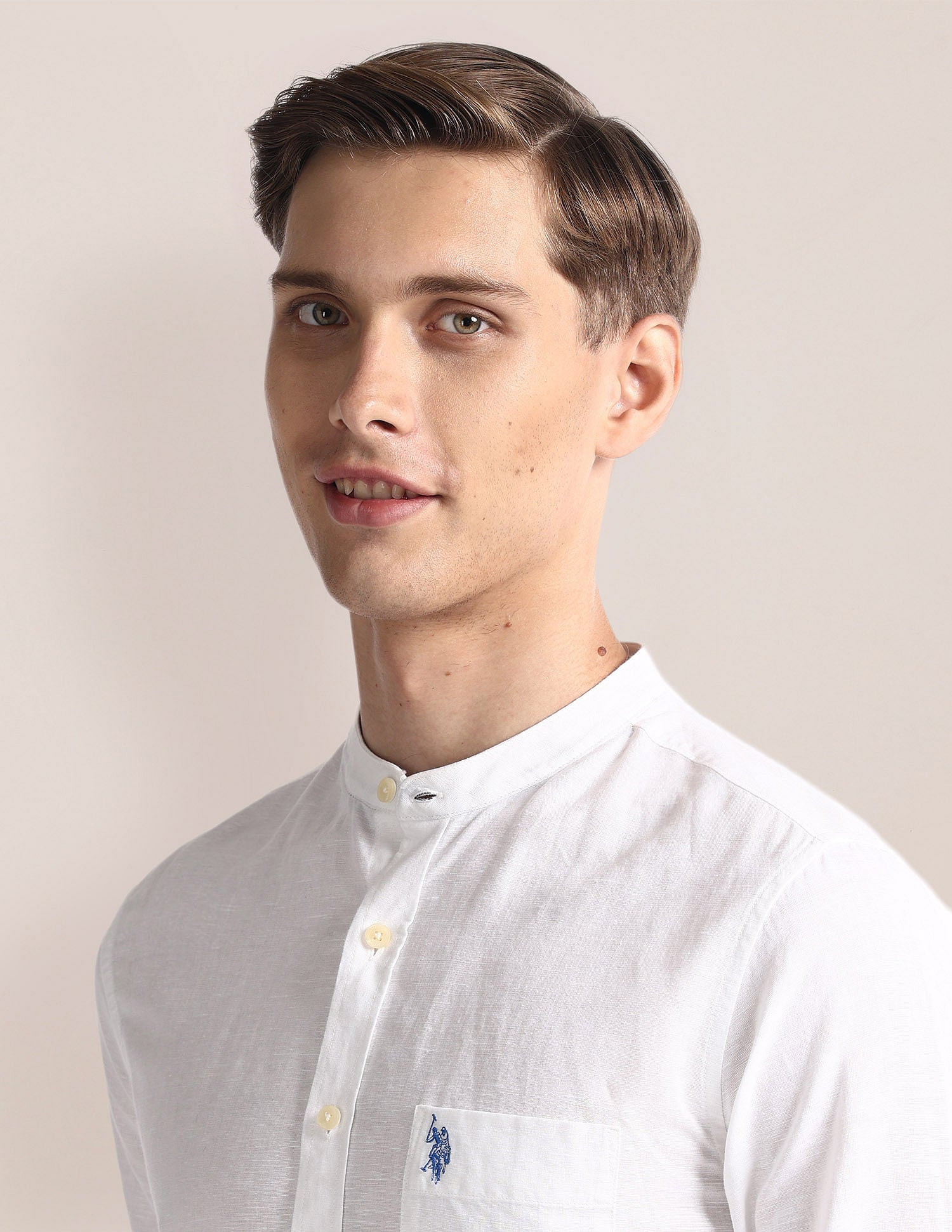 Mandarin Collar Linen Blend Shirt White - U.S. Polo Assn. India | Large