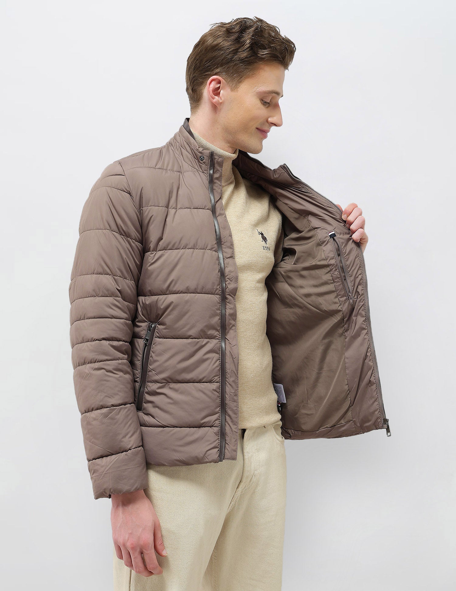 Solid Regular Fit Puffer Jacket Light Brown - U.S. Polo Assn. India | Large