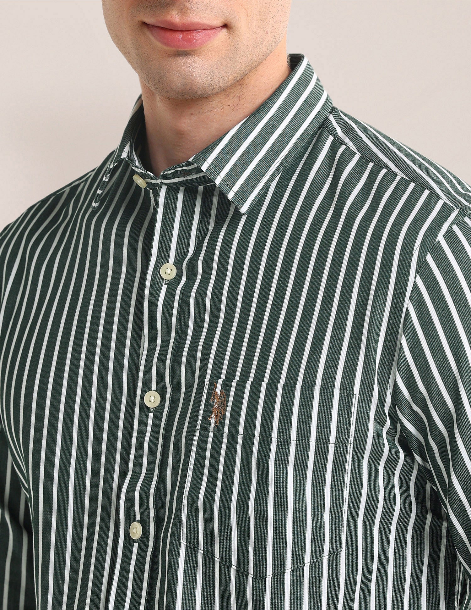 Tailored Fit Vertical Striped Shirt Dark-Green - U.S. Polo Assn. India | Large