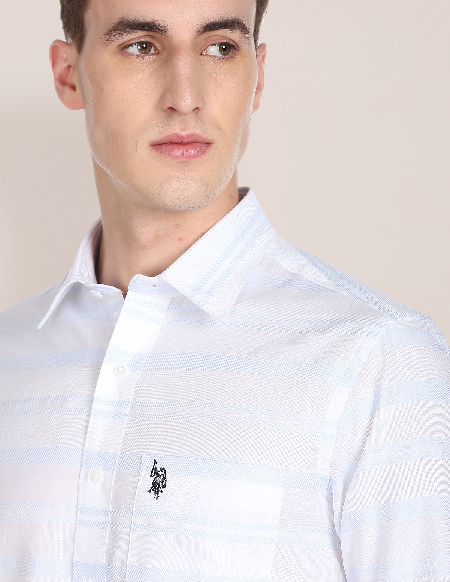 Men White And Blue Horizontal Stripe Casual Shirt White and Light Blue - U.S. POLO ASSN. | Large