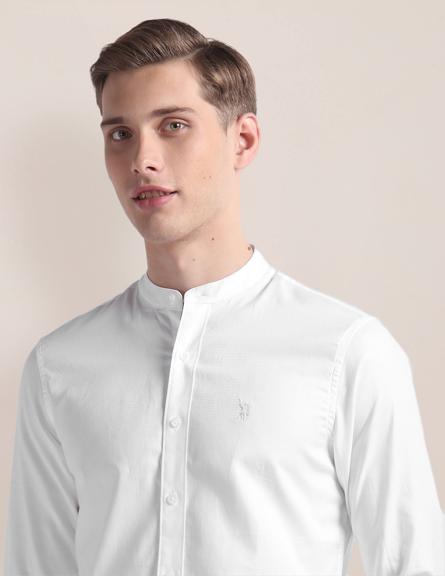 Mandarin Collar Cotton Shirt White - U.S. Polo Assn. India | Large