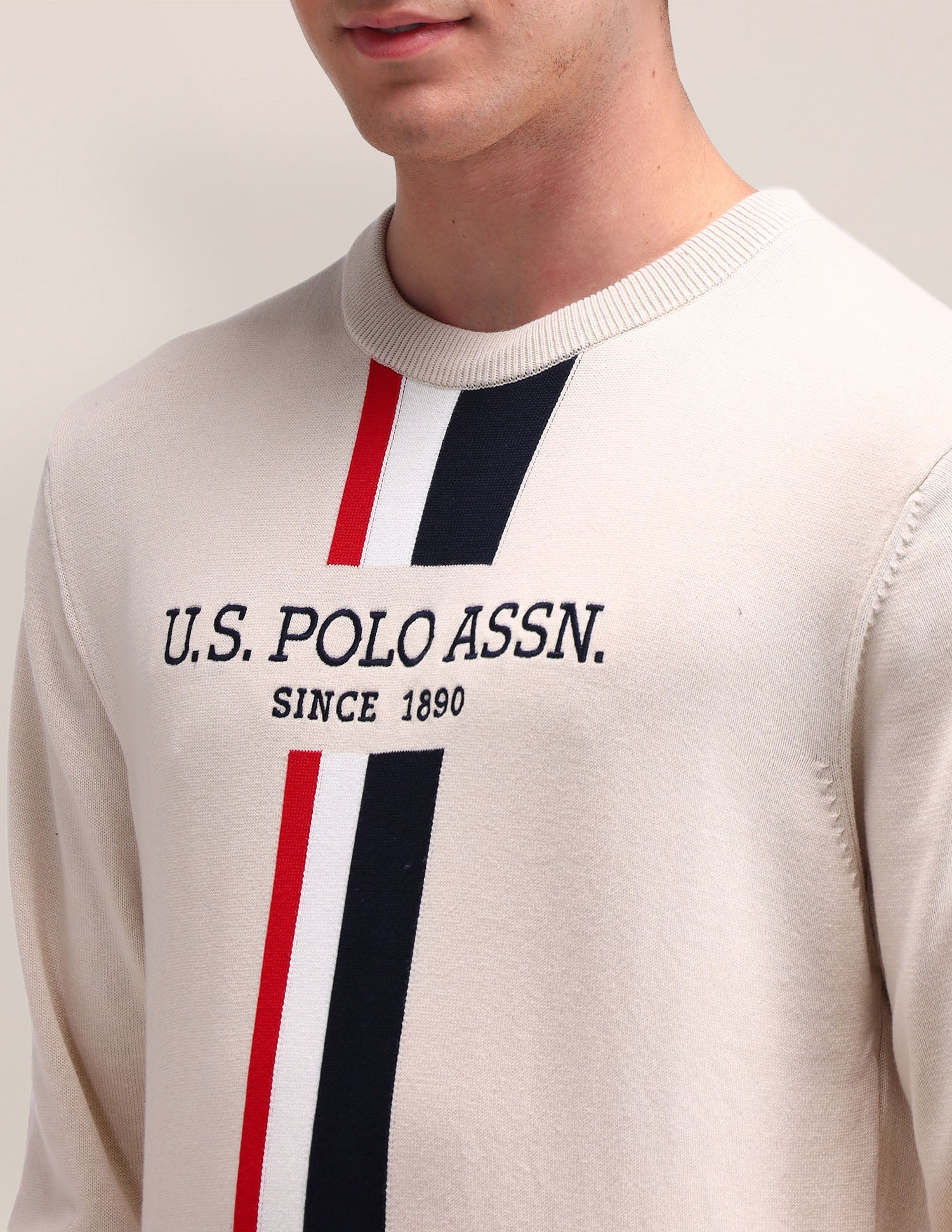 Brand Printed Regular Fit Sweater Off White - U.S. Polo Assn. India | Large