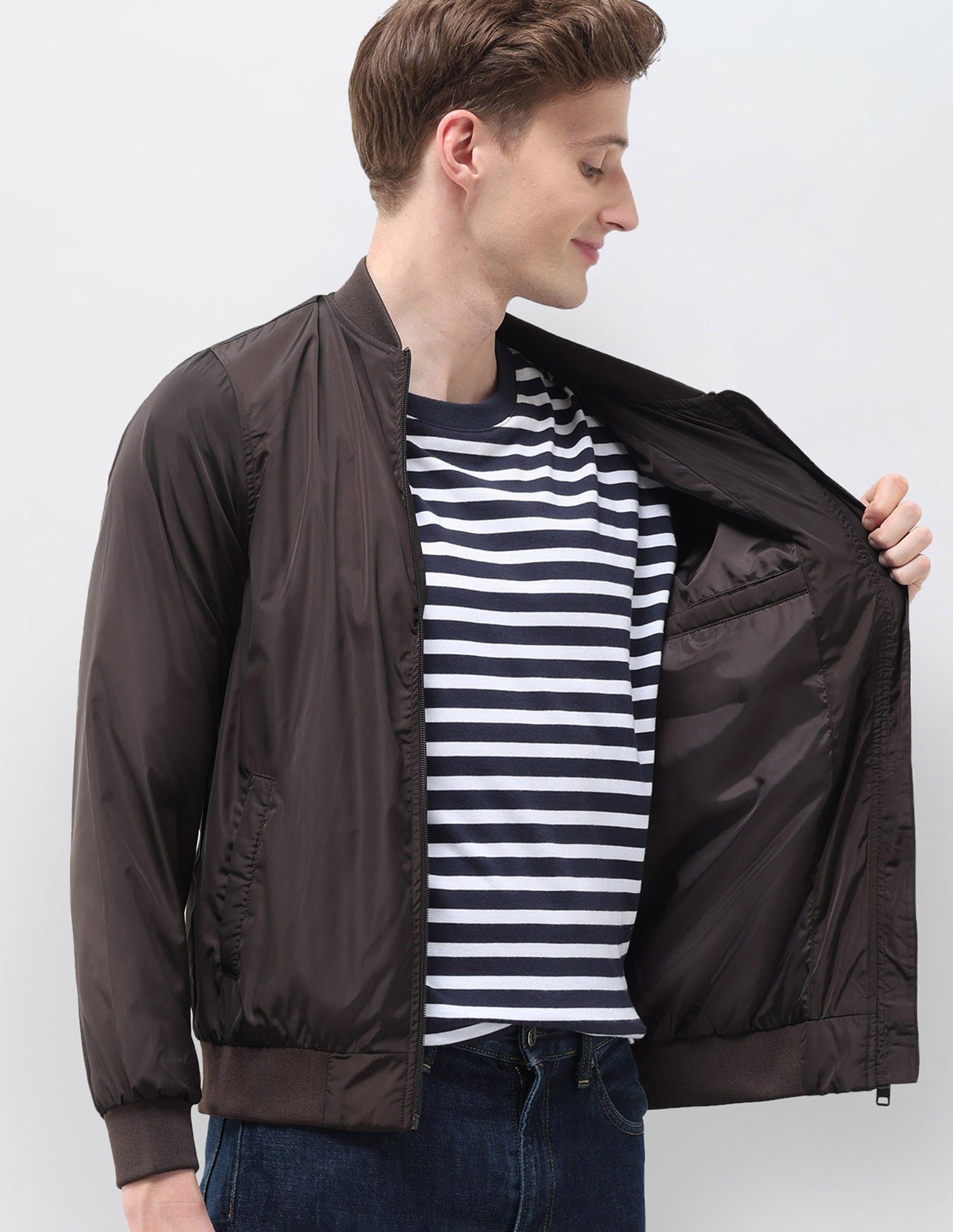 Solid Regular Fit Bomber Jacket Choco - U.S. Polo Assn. India | Large