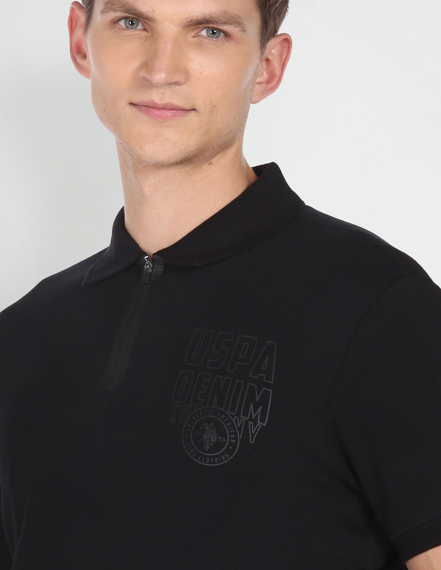 Brand Print Cotton Polo Shirt Black - U.S. POLO ASSN. | Large