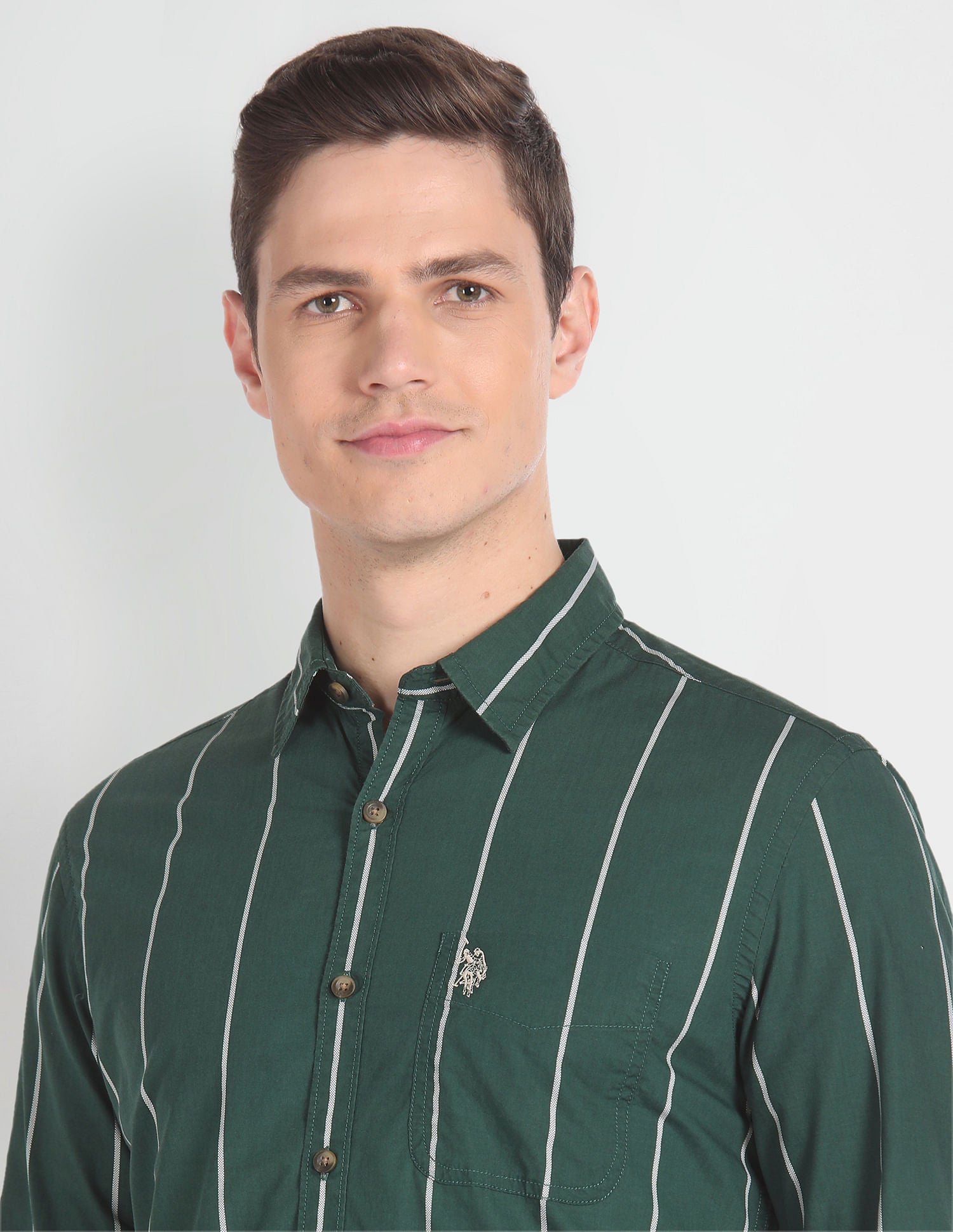 Vertical Stripe Cotton Shirt Dark Olive - U.S. POLO ASSN. | Large