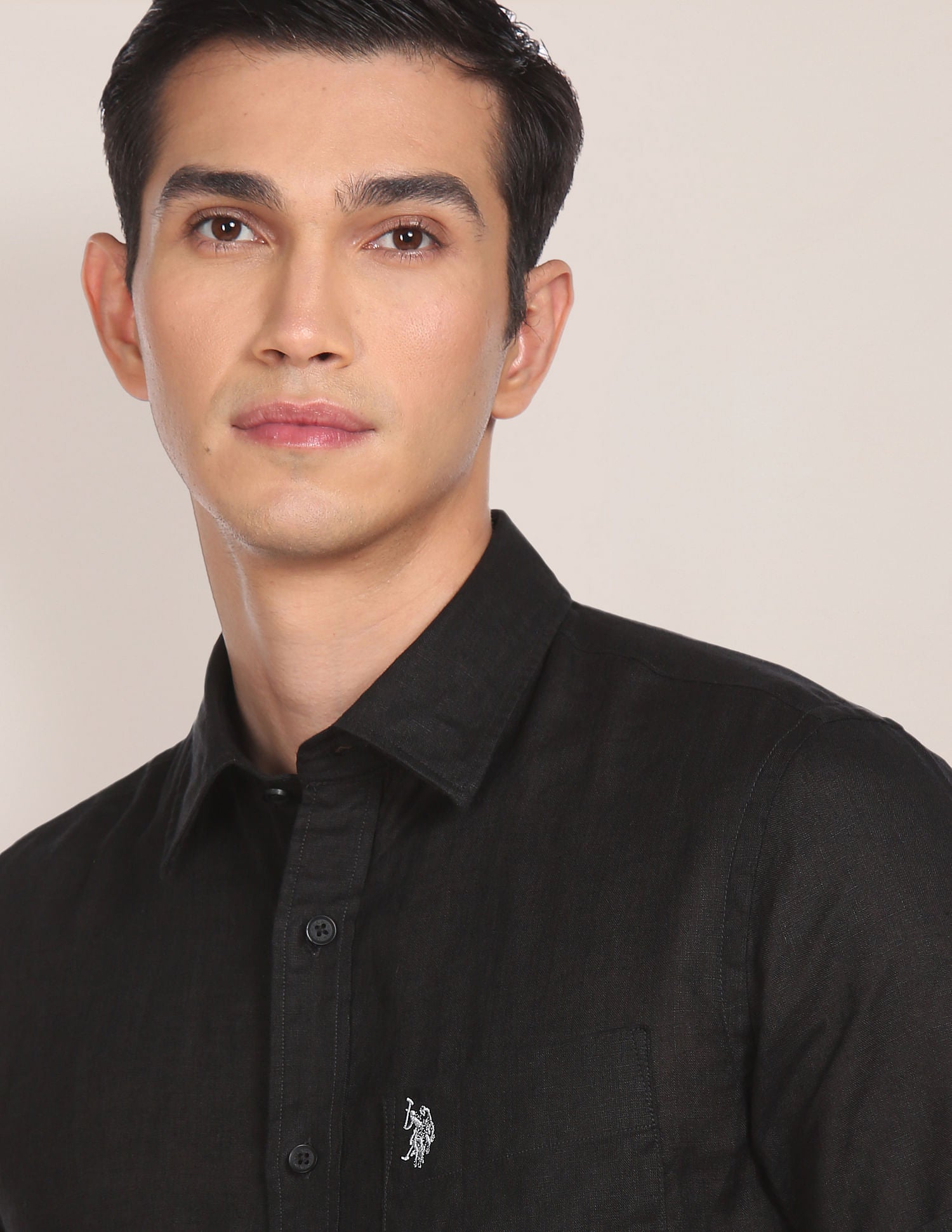 Men Black Short Sleeve Linen Casual Shirt Black - U.S. POLO ASSN. | Large