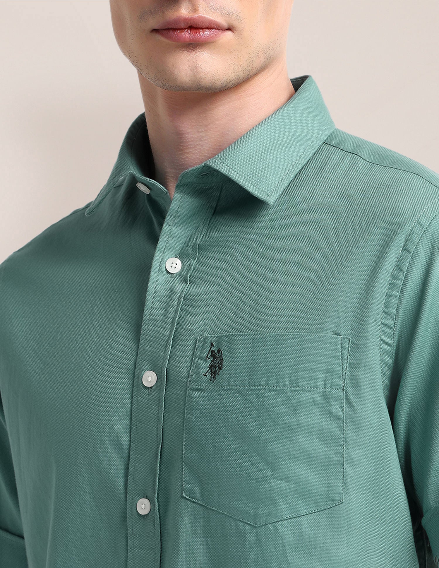 Cutaway Collar Premium Cotton Shirt Green - U.S. Polo Assn. India | Large
