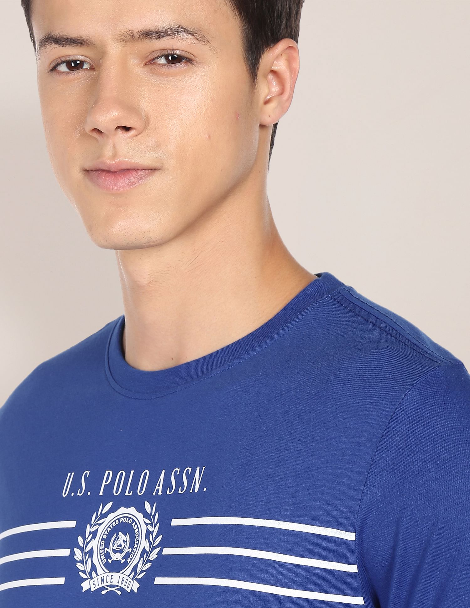 Crew Neck Brand Print Cotton T-Shirt Blue - U.S. Polo Assn. India | Large