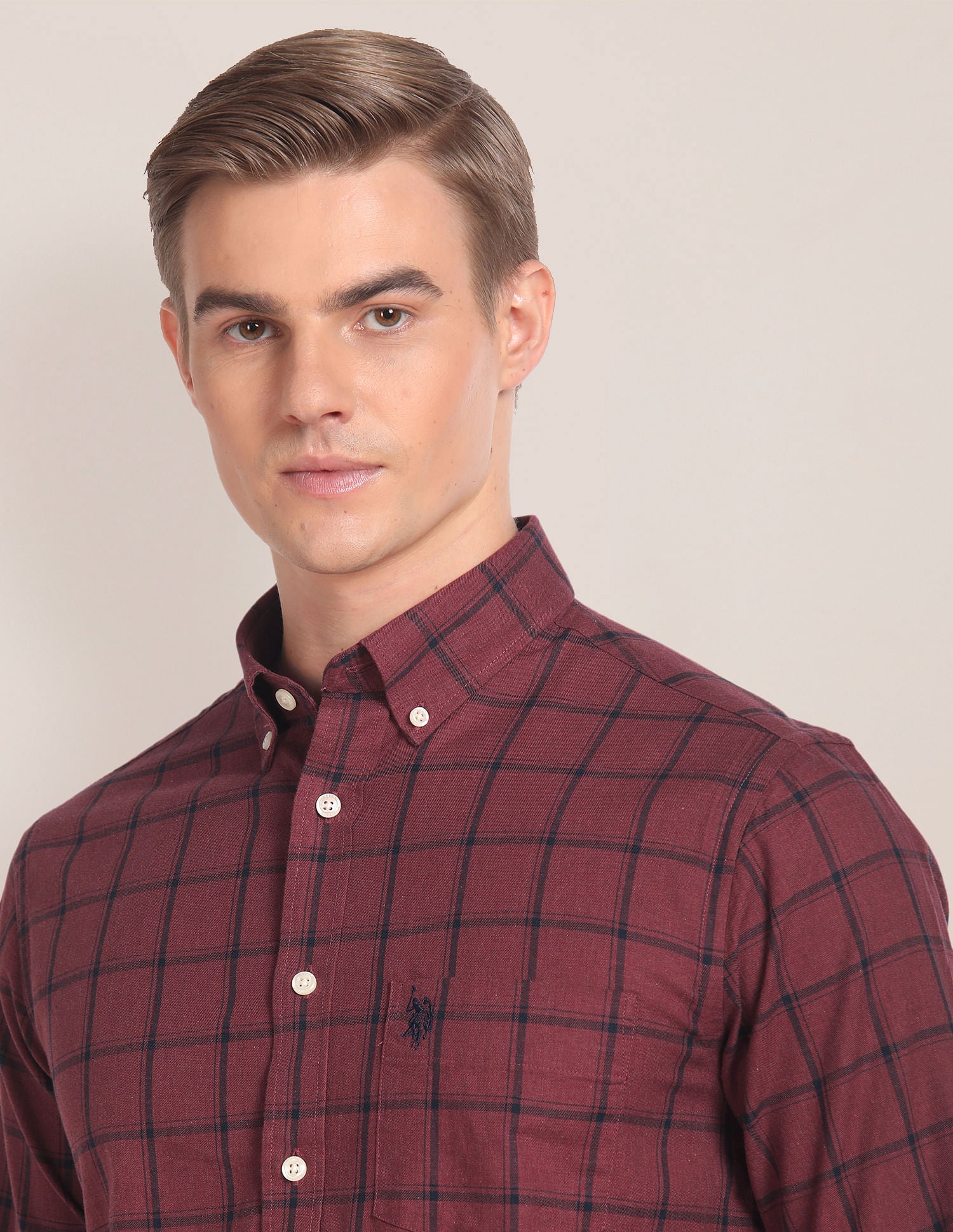 Windowpane Check Cotton Shirt Maroon - U.S. Polo Assn. India | Large
