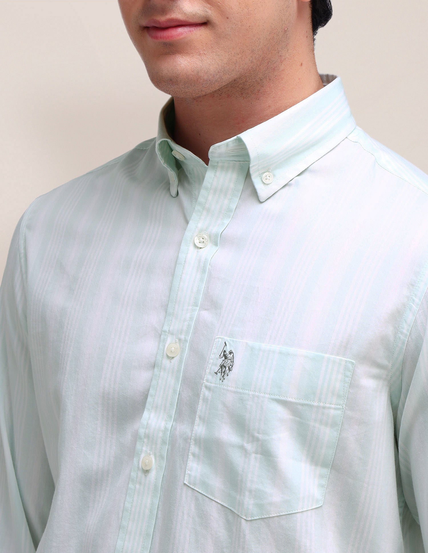 Vertical Striped Twill Weave Shirt Light Green - U.S. Polo Assn. India | Large