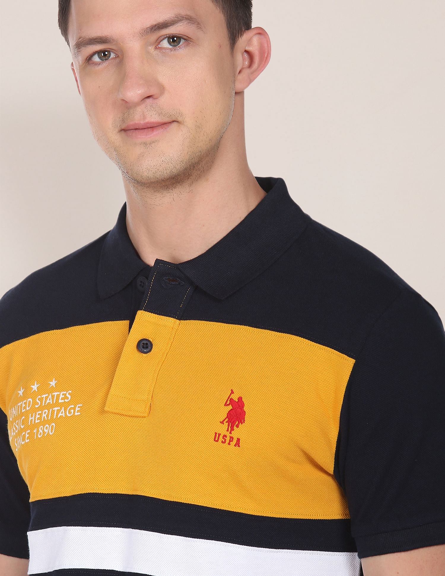 Colour Block Panelled Cotton Polo Shirt Navy and Yellow - U.S. POLO ASSN. | Large