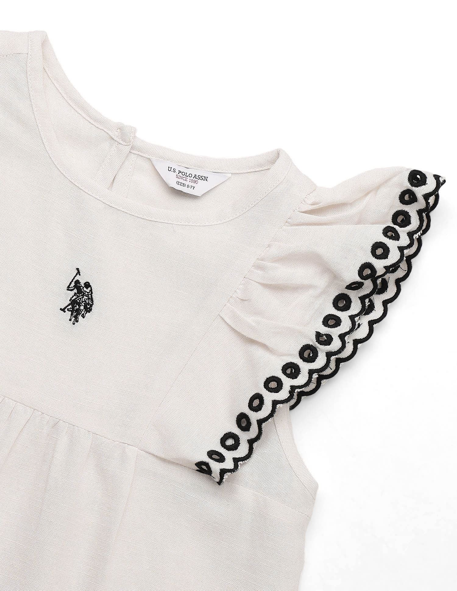 Girls Solid Embroidered Frill Top Ecru - U.S. POLO ASSN. | Large