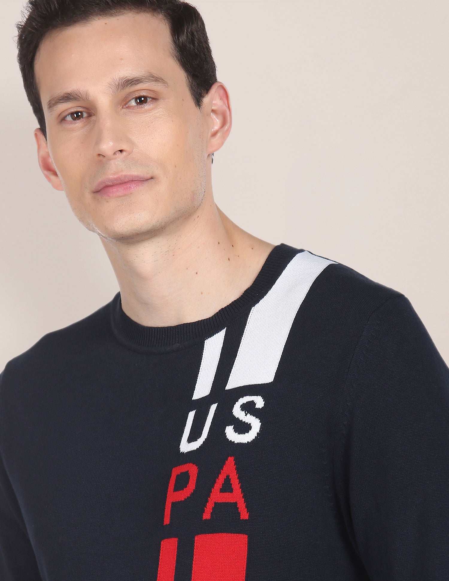 Crew Neck Patterned Knit Sweater Navy - U.S. POLO ASSN. | Large